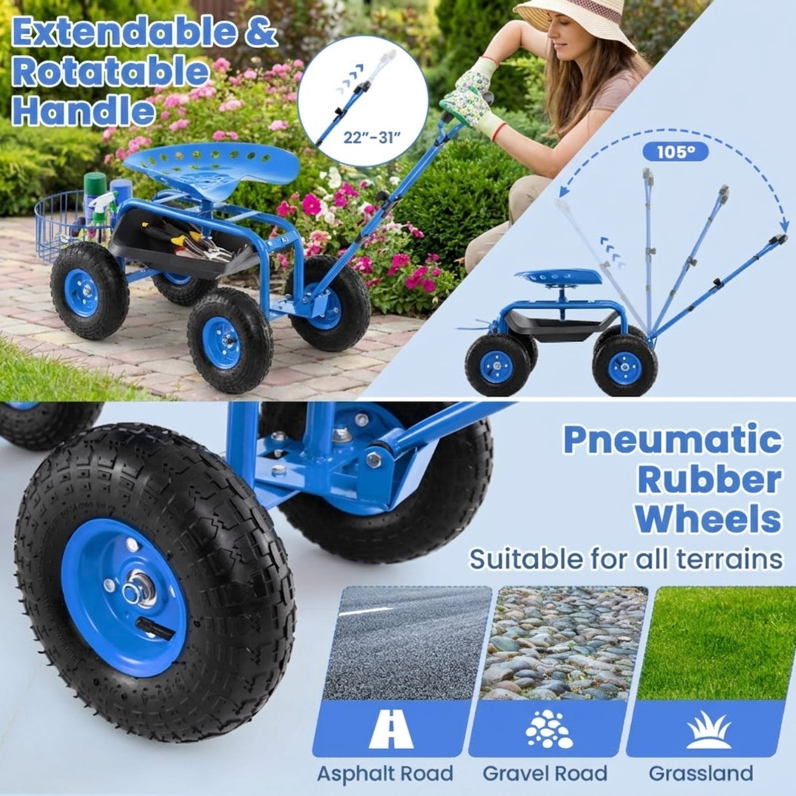 Biotree Heavy Duty Garden Cart with Tool Tray and 360 Swivel Seat for Garden Yard Lawn Work Outdoor, Blue