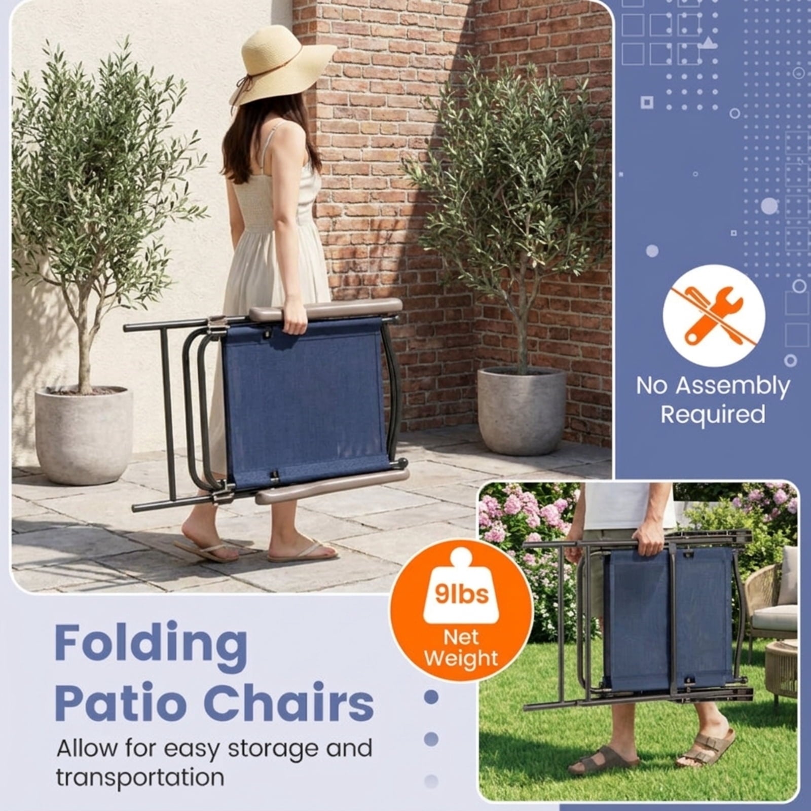 Biotree Set of 2 Patio Folding Sling Back Camping Deck Chairs Stackable Patio Chair for Garden BackyardNavy