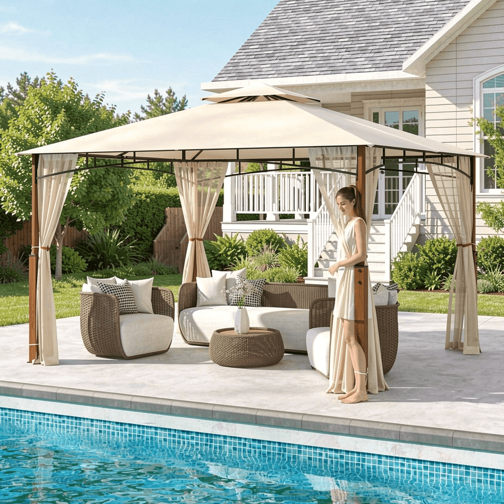 Biotree 12 x 10 Feet Outdoor Patio Gazebo with Netting and 2-Tier Canopy Roof Beige - Outdoor Patio Backyard Garden Shade Canopy Shelter