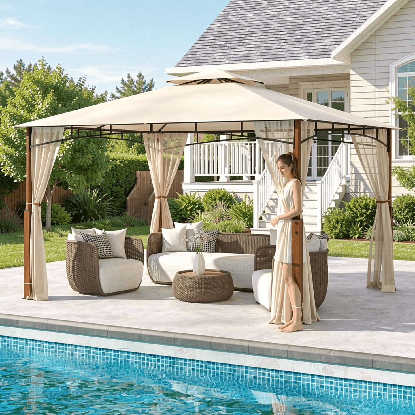 Biotree 12 x 10 Feet Outdoor Patio Gazebo with Netting and 2-Tier Canopy Roof Beige - Outdoor Patio Backyard Garden Shade Canopy Shelter