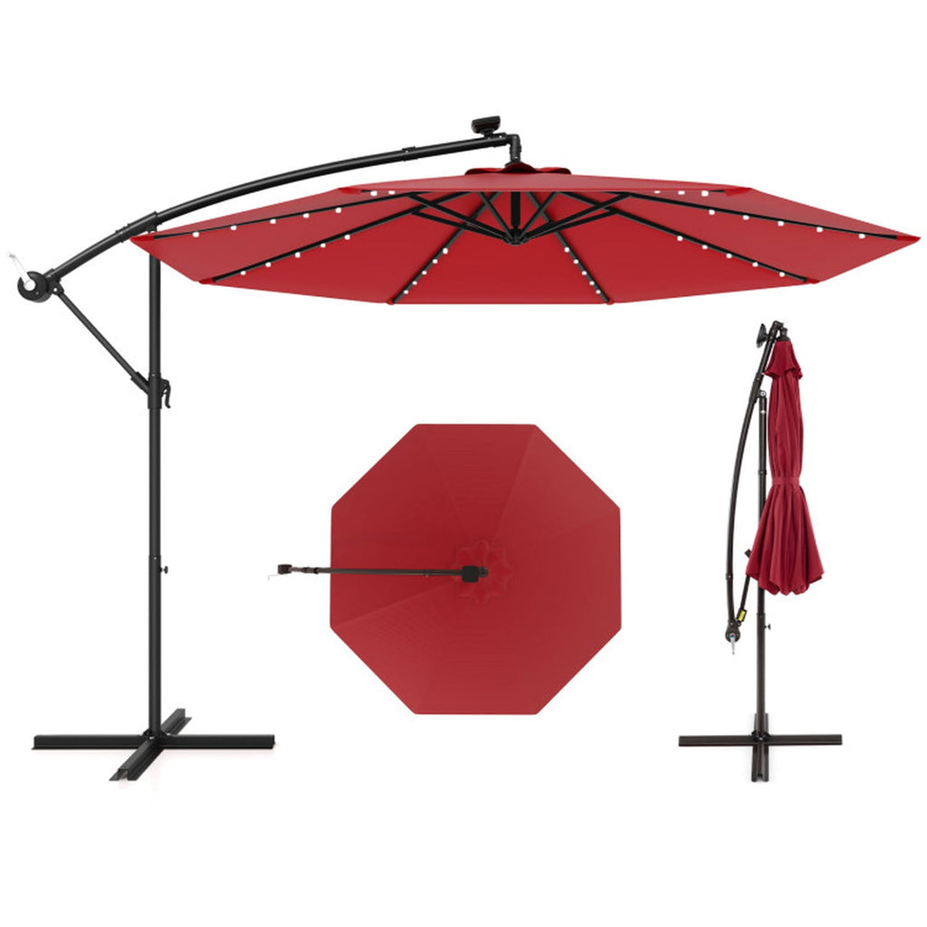 Biotree 9 ft Solar LED Market Patio Umbrella with Tilt and Crank Lift 6 Ribs 18 Lights Iron Pole for Outdoor Table Use - Beige