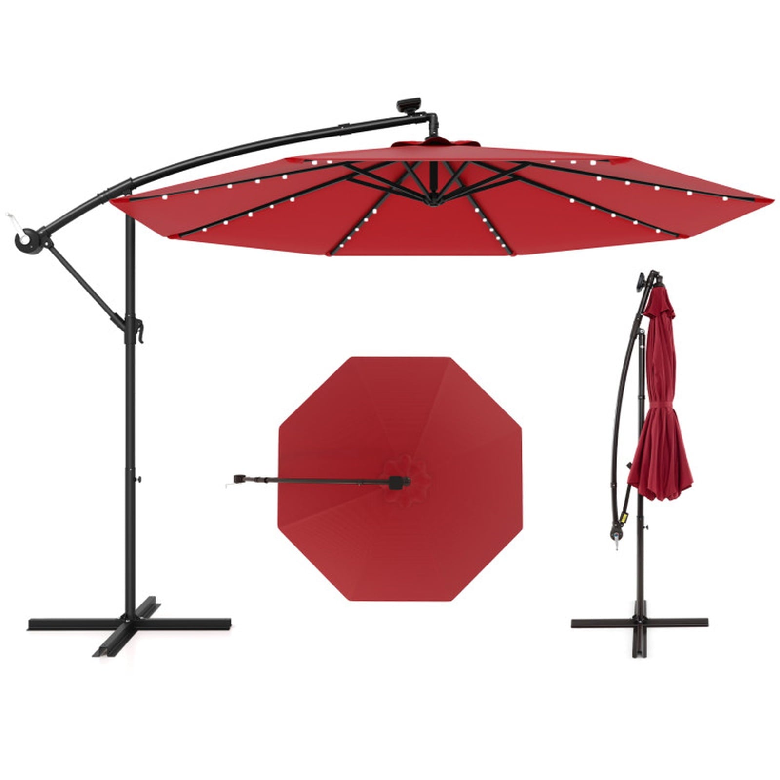 Biotree 9 ft Solar LED Market Patio Umbrella with Tilt and Crank Lift 6 Ribs 18 Lights Iron Pole for Outdoor Table Use - Beige