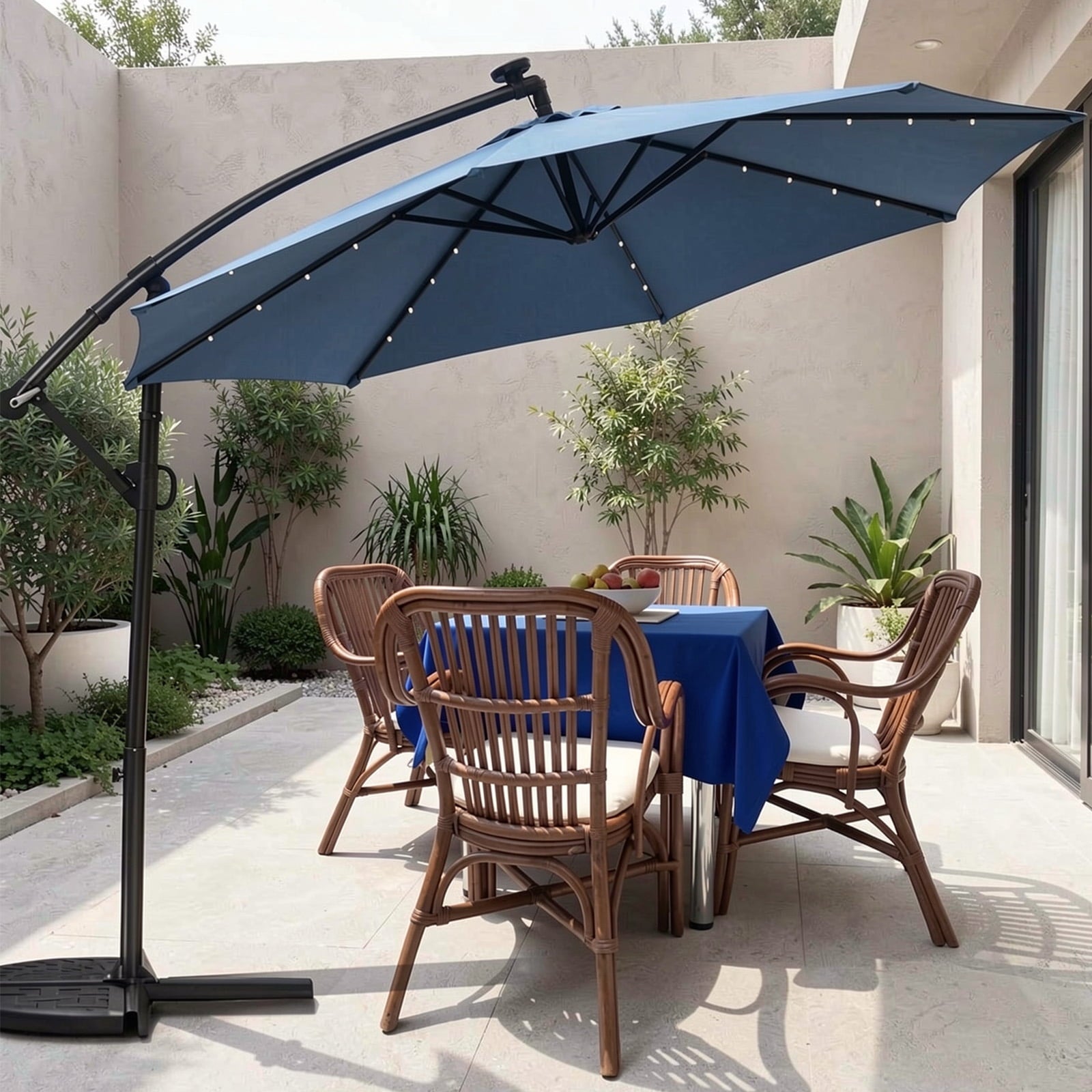 Biotree 10 ft 360¡ã Rotation Solar Powered LED Patio Offset Umbrella-Blue Outdoor Backyard Hanging Deck