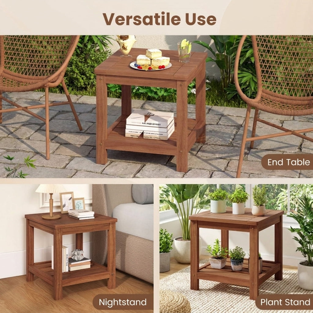 Biotree 2-Tier Outdoor Side Table with Storage Shelf for Patio, Natural