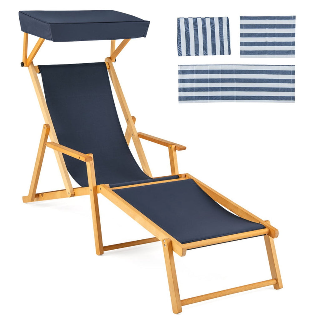 Biotree Birch Wood Chaise Lounge Chair Foldable Beach Chair with Adjustable Canopy Stackable Patio Chair for Garden BackyardNavy