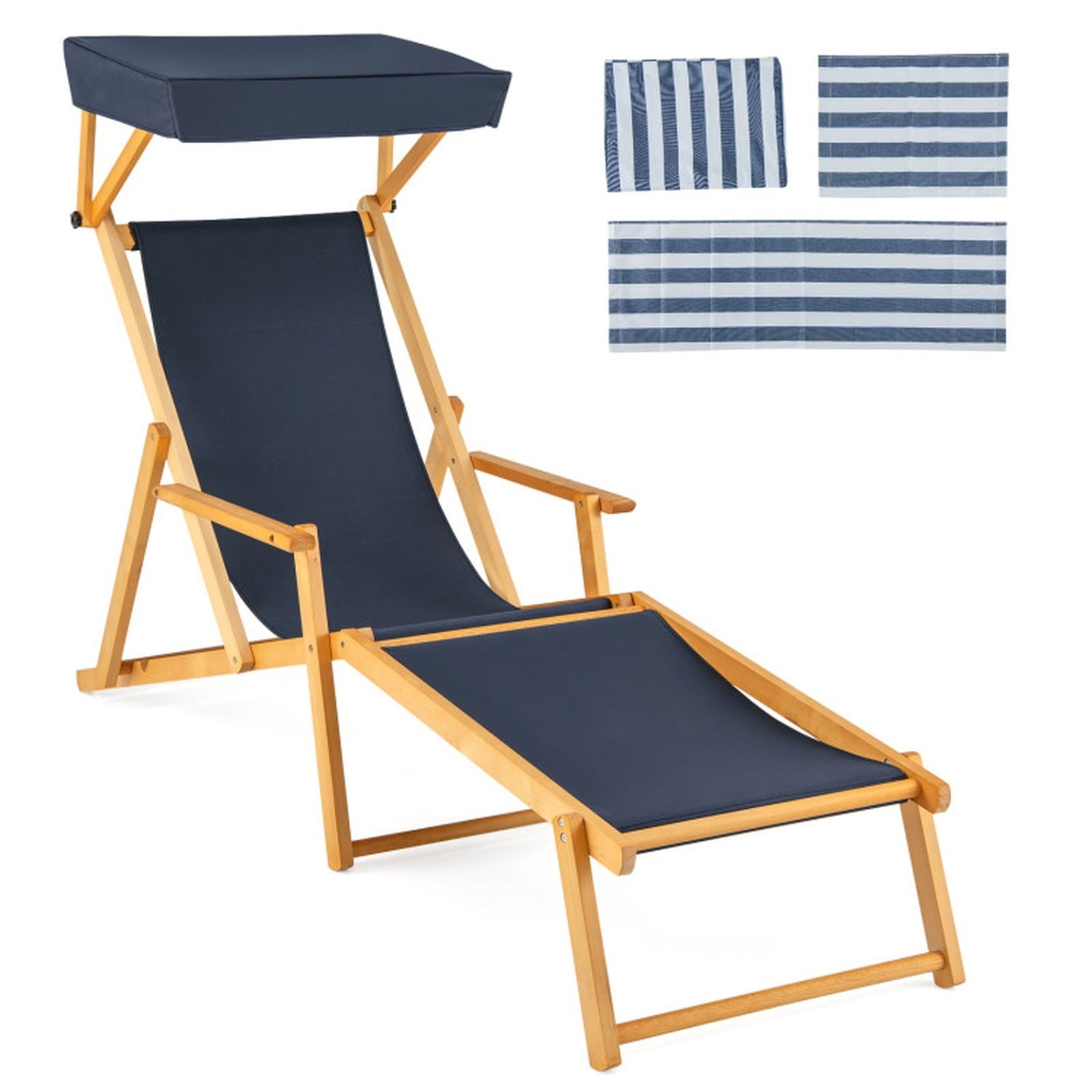 Biotree Birch Wood Chaise Lounge Chair Foldable Beach Chair with Adjustable Canopy Stackable Patio Chair for Garden BackyardNavy