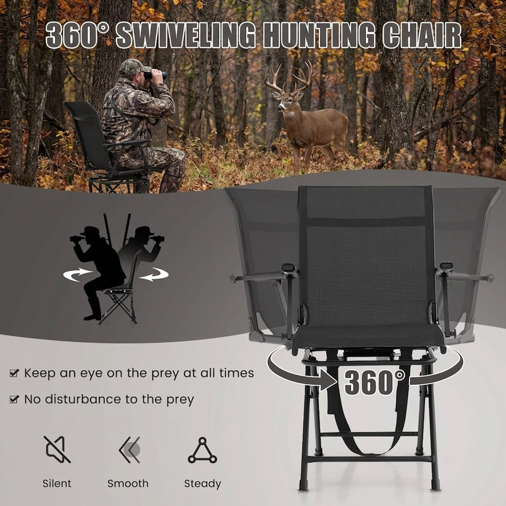 Biotree 360 Degree Swivel Hunting Chair Foldable Outdoor Camp Chair with Armrest and Breathable Mesh Back for Camping Fishing, Black