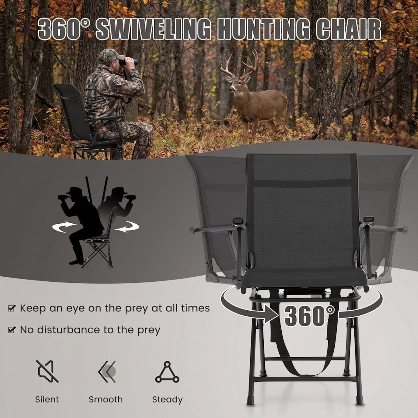 Biotree 360 Degree Swivel Hunting Chair Foldable Outdoor Camp Chair with Armrest and Breathable Mesh Back for Camping Fishing, Black