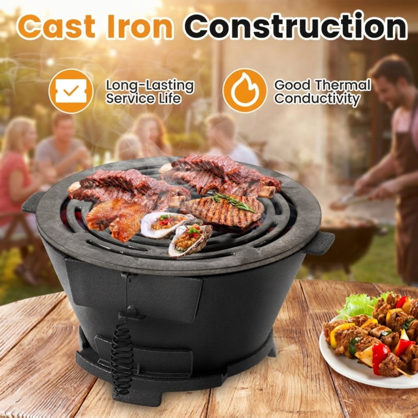 Biotree Round Hibachi Grill Outdoor Portable Charcoal Stove with 12 Inch Double-Sided Grate for Outdoor Backyard Camping Patio BBQ, Black