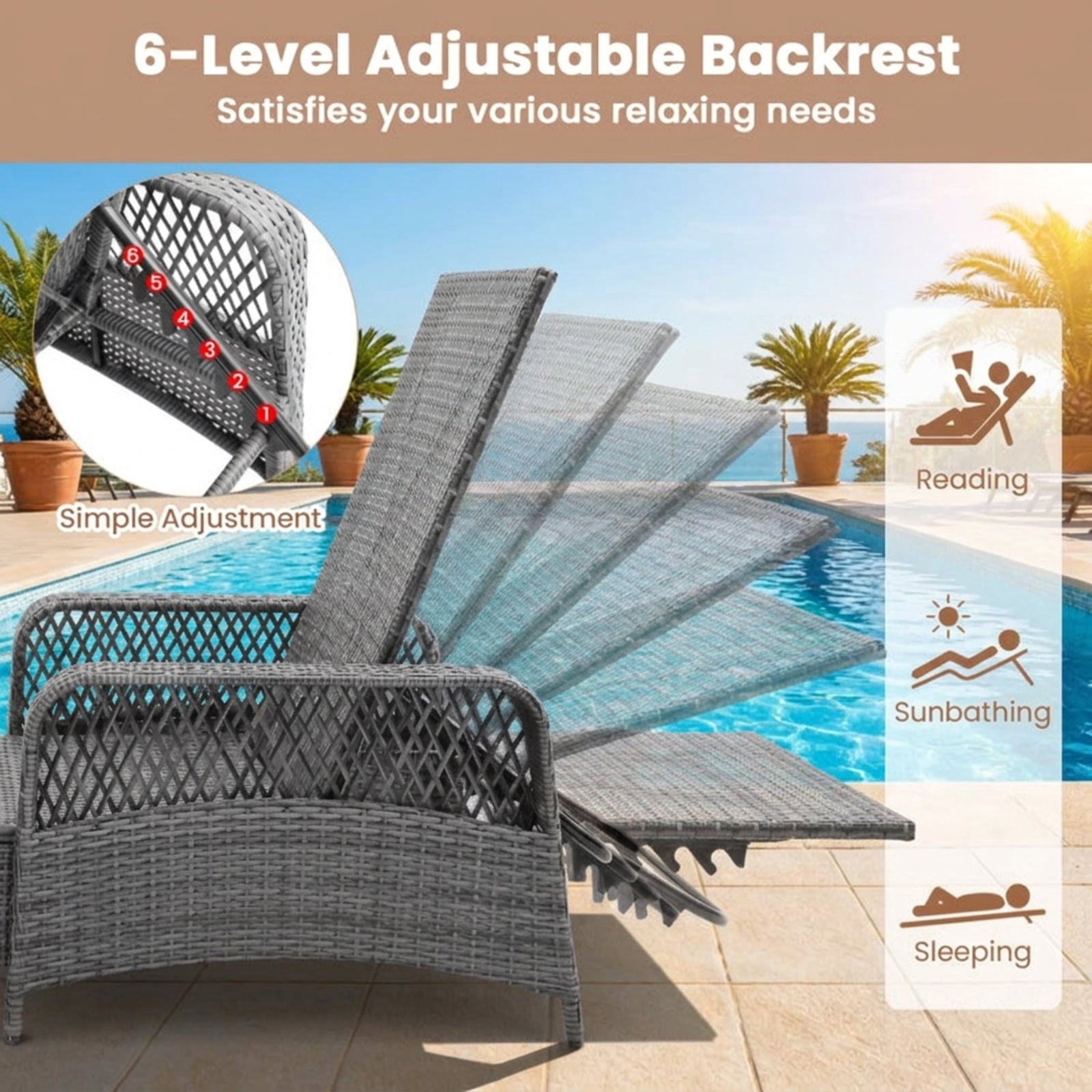 Biotree Outdoor Chaise Lounge Chair Recliner with 6-Level Backrest Cushion and PillowMix Gray/Gray