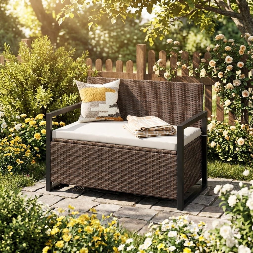 Biotree Patio Storage Bench Outdoor Waterproof for Patio Deck Garden Cushions, Brown