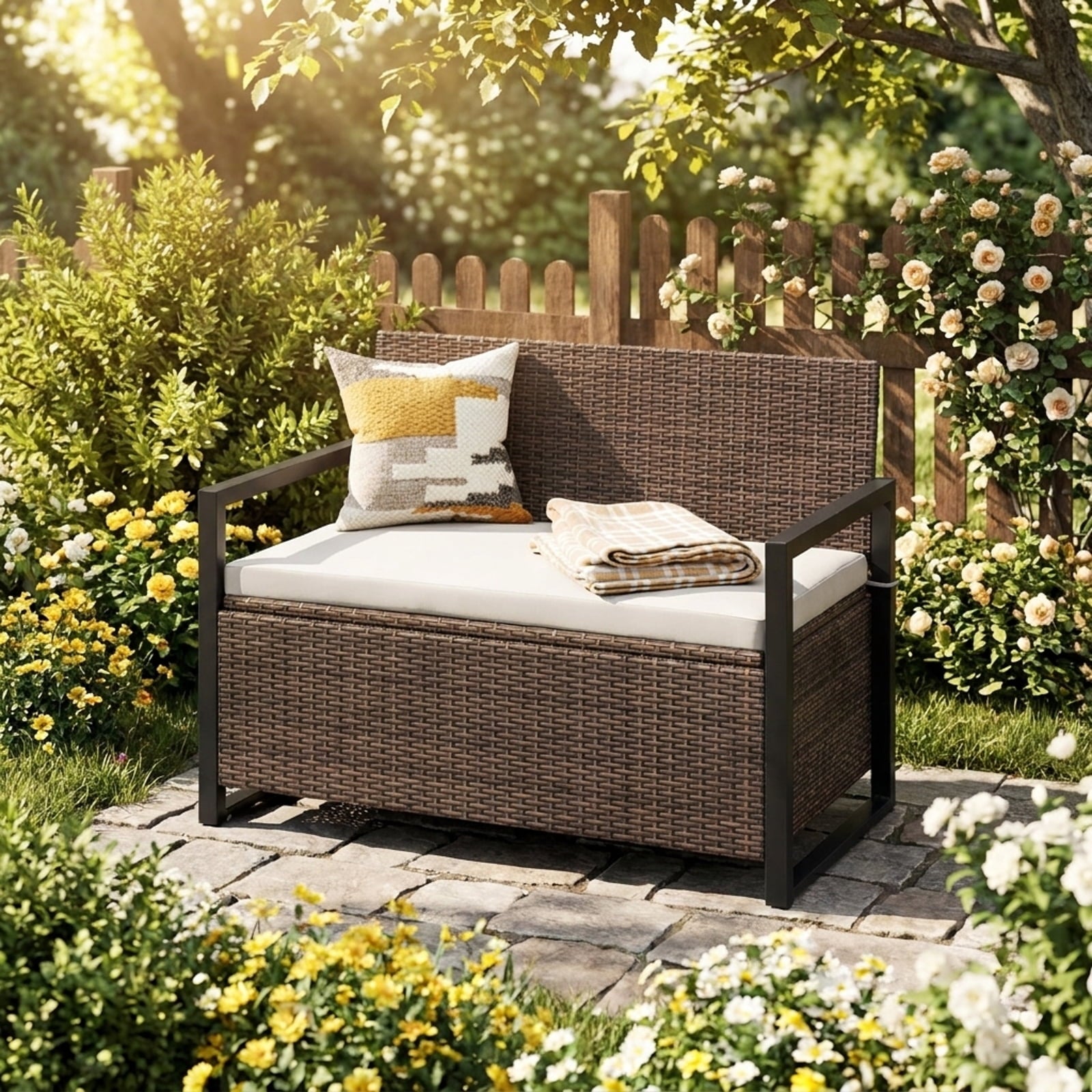 Biotree Patio Storage Bench Outdoor Waterproof for Patio Deck Garden Cushions, Brown