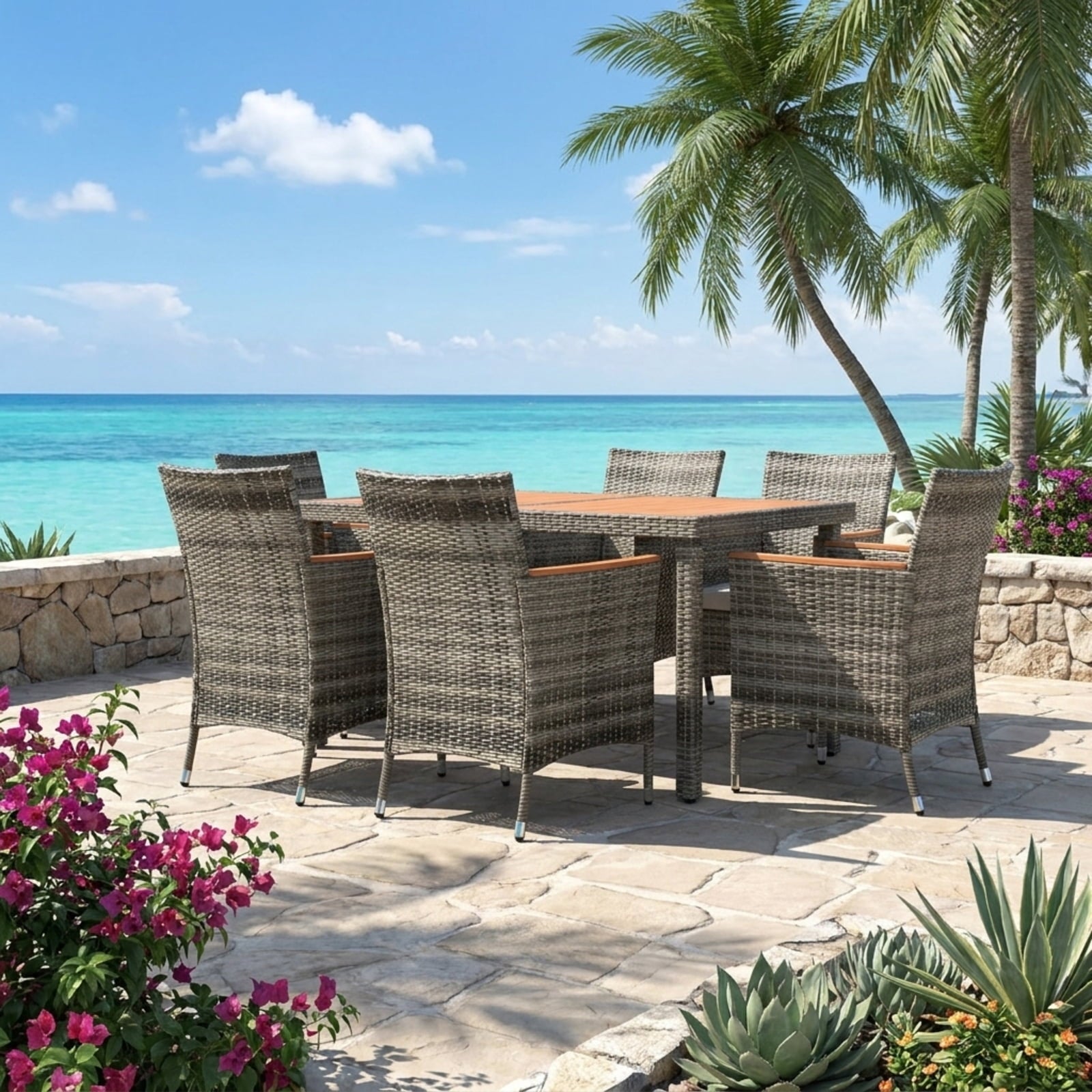 Biotree 7 Pieces Patio Acacia Wood Cushioned PE Rattan Wicker Dining Set Outdoor Conversation Set for Garden Backyard PorchGray
