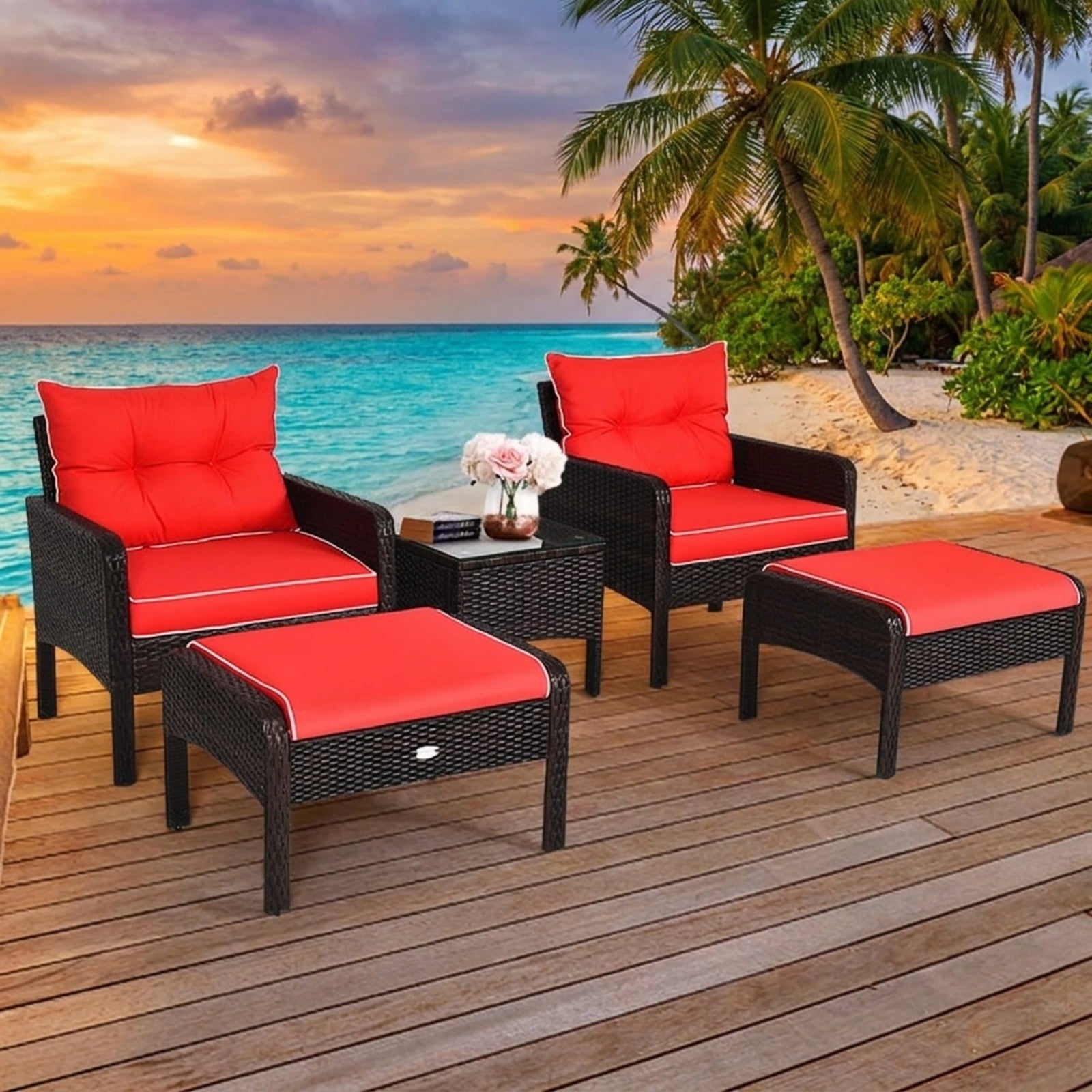 Biotree 5 Pieces Patio Rattan Sofa Ottoman Furniture Set with Cushions Outdoor Conversation Set for Garden Backyard PorchRed