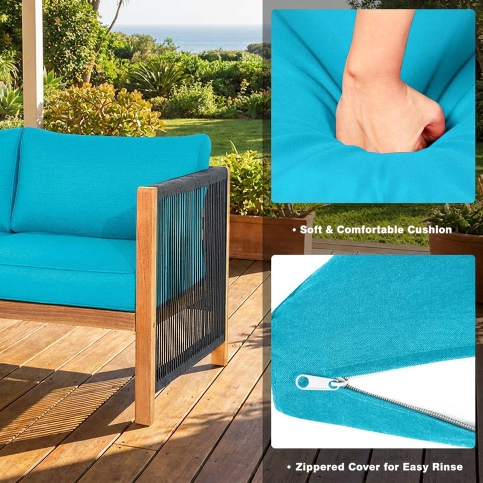 Biotree 4 Pieces Acacia Wood Outdoor Patio Furniture Set with Cushions Outdoor Conversation Set for Garden Backyard PorchTurquoise