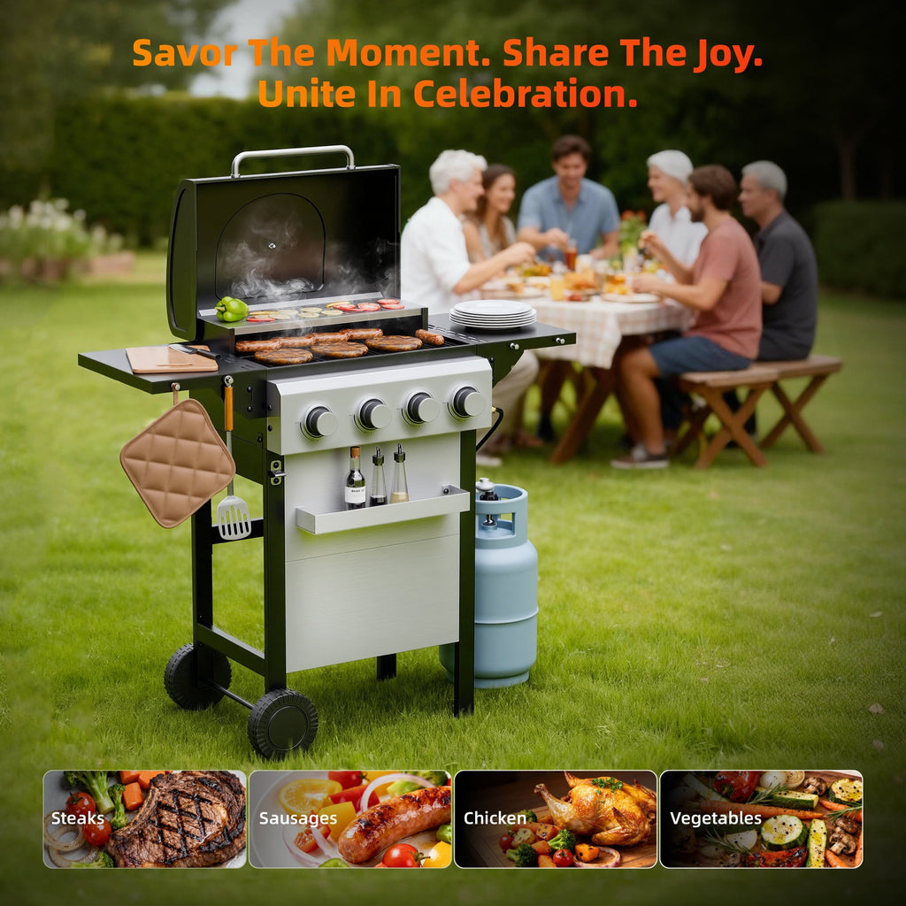 Biotree 4 Burner BBQ Propane Gas Grill, Stainless Steel 34,000 BTU Patio Garden Barbecue Grill with Two Foldable Shelves