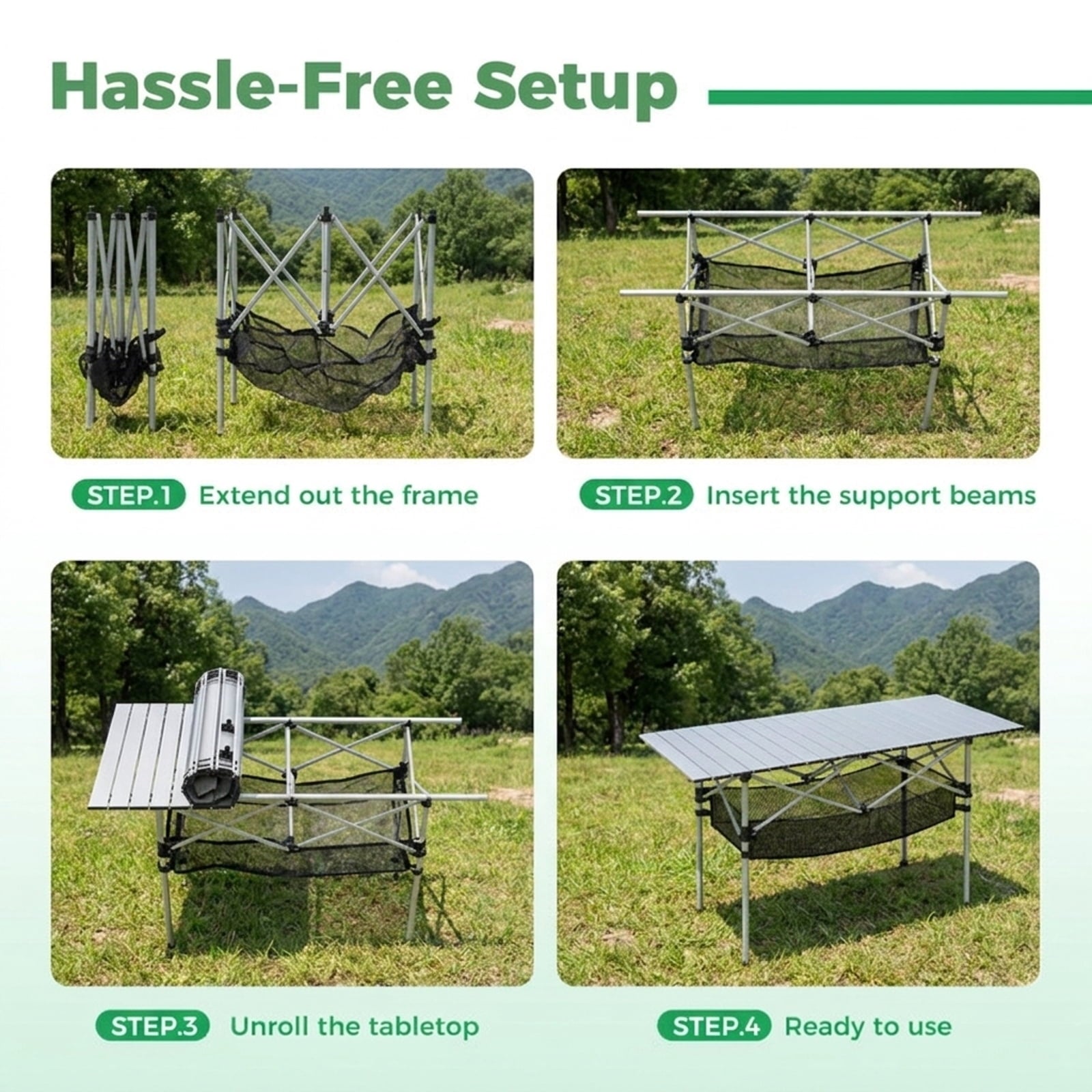 Biotree Patio Folding Camping Table with Roll up Tabletop and Mesh Basket, Silver