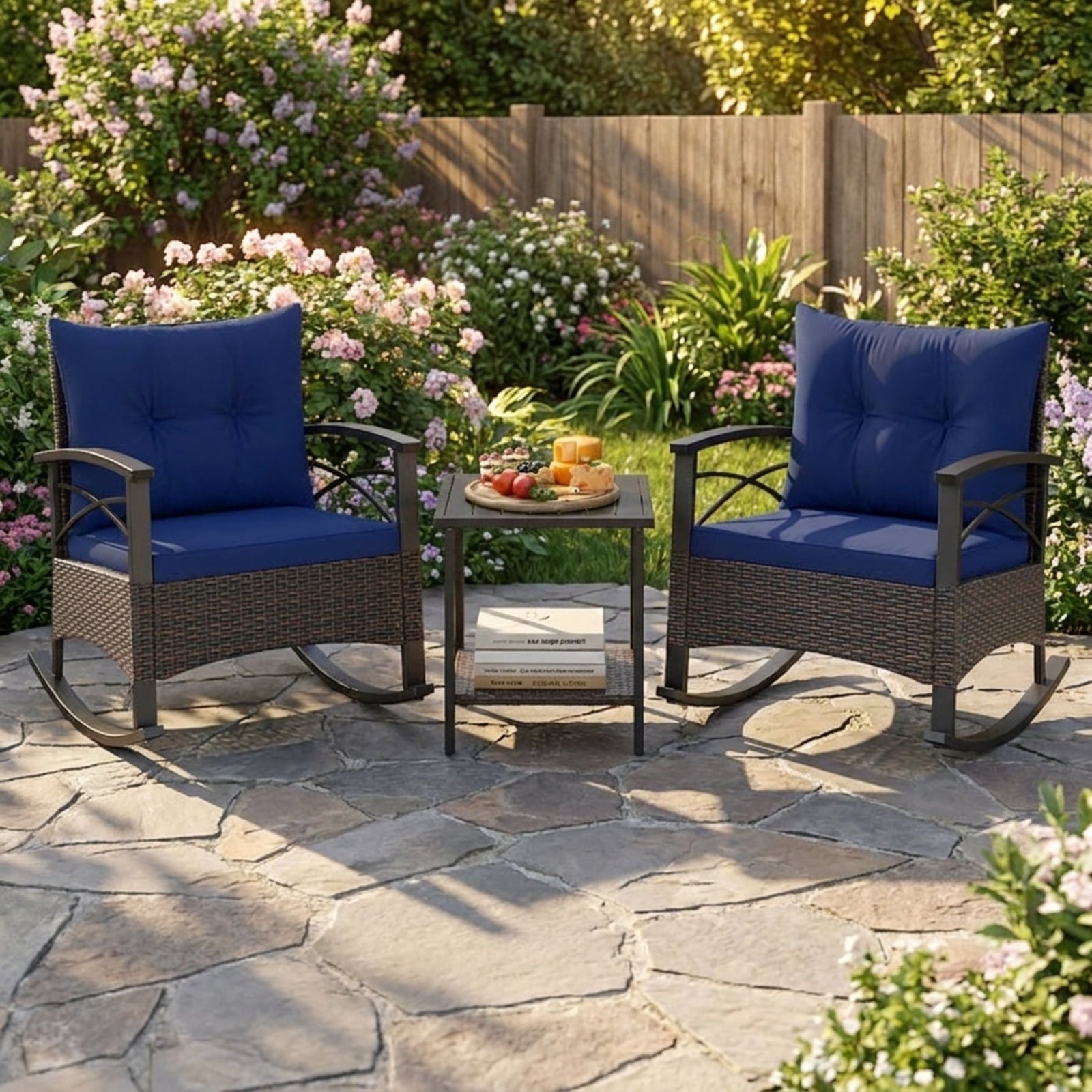 Biotree 3 Piece Rocking Bistro Set PE Rattan Rocker Chairs with Acacia Wood Top Table Outdoor Conversation Set for Garden Backyard PorchNavy