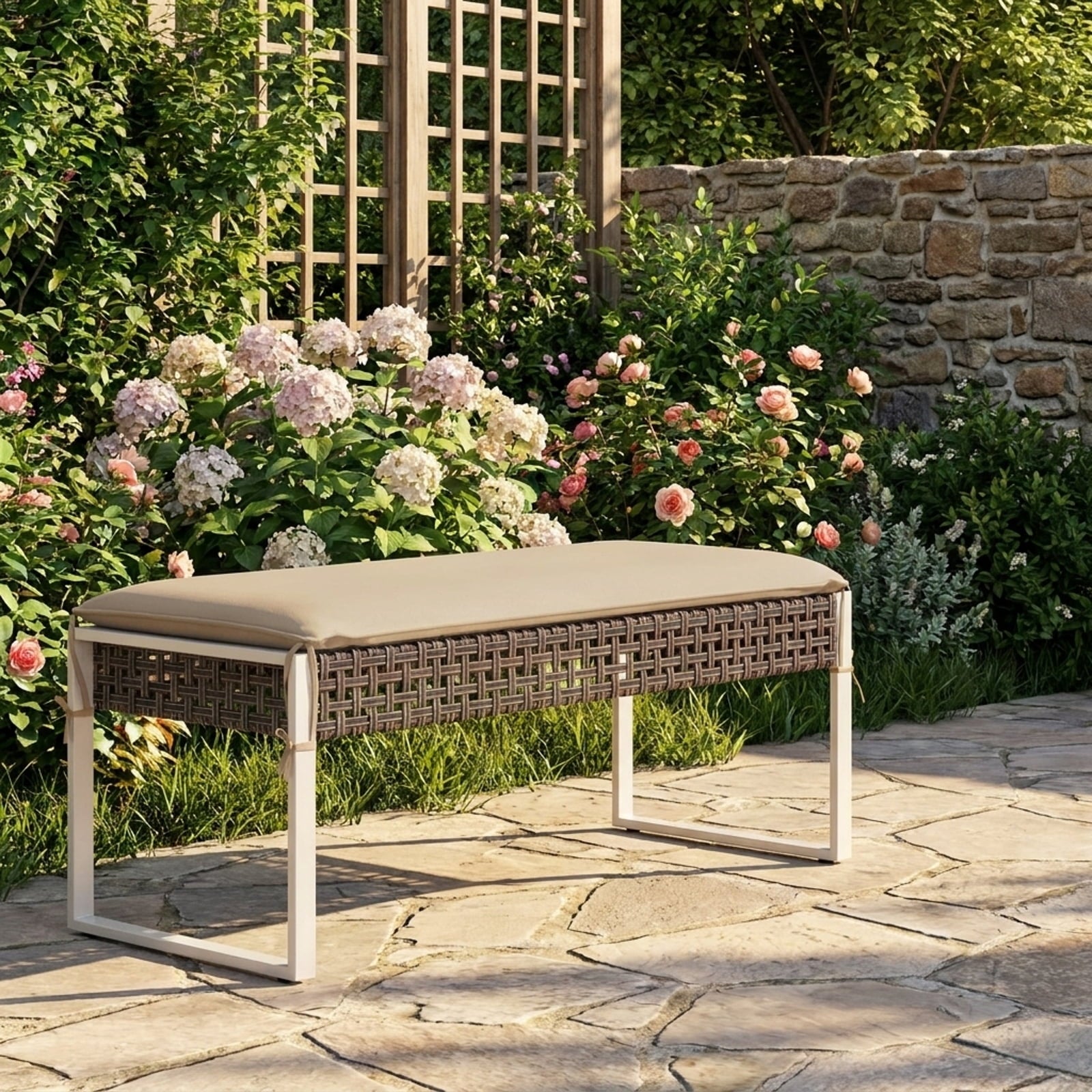 Biotree 43 Inch Patio Rectangle Ottoman with Metal Legs and Seat Cushion Stackable Patio Chair for Garden BackyardBeige