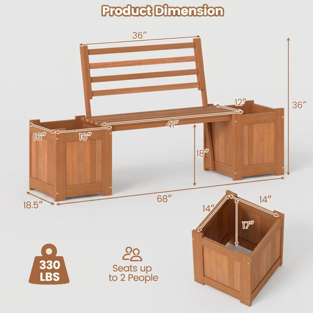 Biotree Wood Planter Box with Bench and Backrest for Garden Yard Balcony, 68x18.5x36 Inch Outdoor Hardwood Combination Plant Container and Patio Seating, Natural