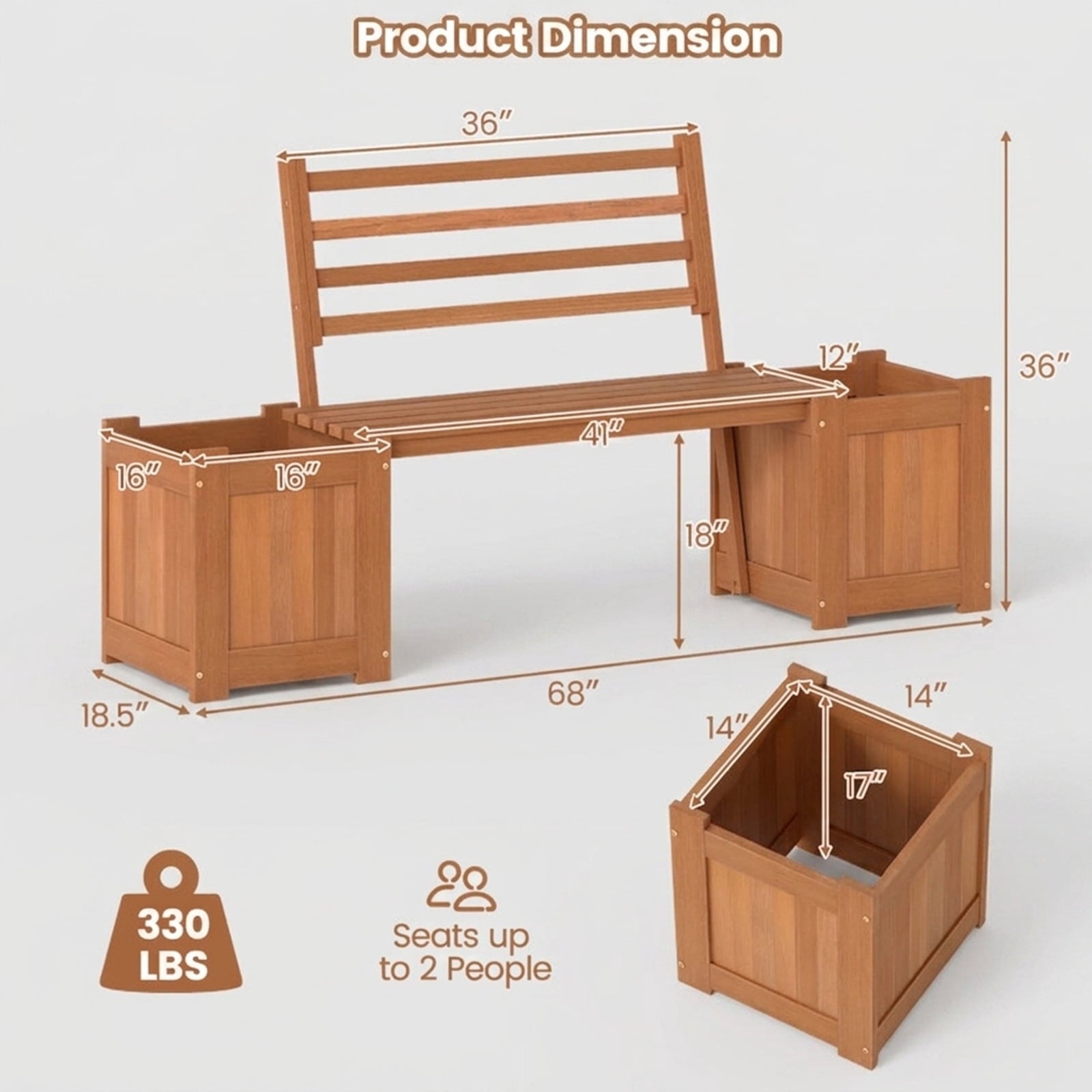 Biotree Wood Planter Box with Bench and Backrest for Garden Yard Balcony, 68x18.5x36 Inch Outdoor Hardwood Combination Plant Container and Patio Seating, Natural