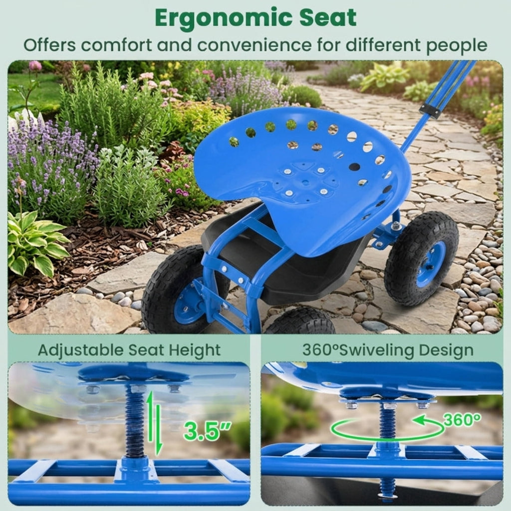 Biotree Rolling Garden Cart with 360¡ã Swivel Seat, Height Adjustable Garden Scooter, Heavy Duty Yard Cart with Tool Tray and Storage Basket for Gardening Weeding Yard Work Blue