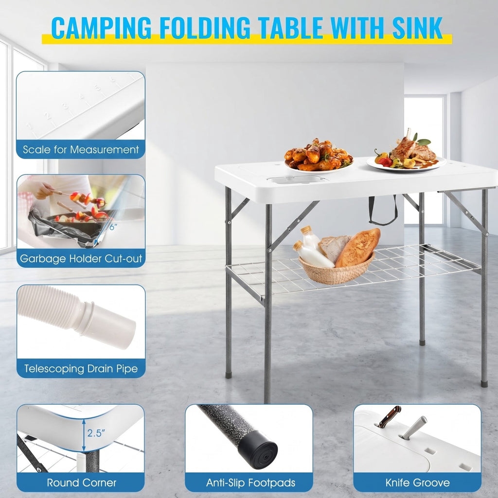 Biotree 2-in-1 Folding Fish Cleaning Table with Sink and Faucet Portable Fish Fillet Station for Outdoor Fishing, White
