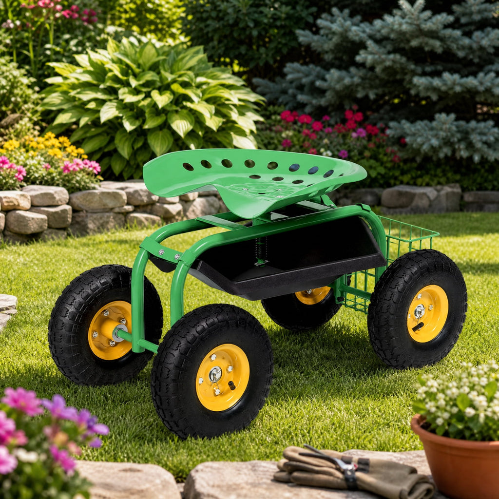 Biotree Rolling Garden Cart with Seat, 360¡ãSwivel Seat Adjustable Height ,330lbs Load Capacity, Wagon Scooter with Storage Bracket and Tool Tray, Suitable for Patio Yard, Green
