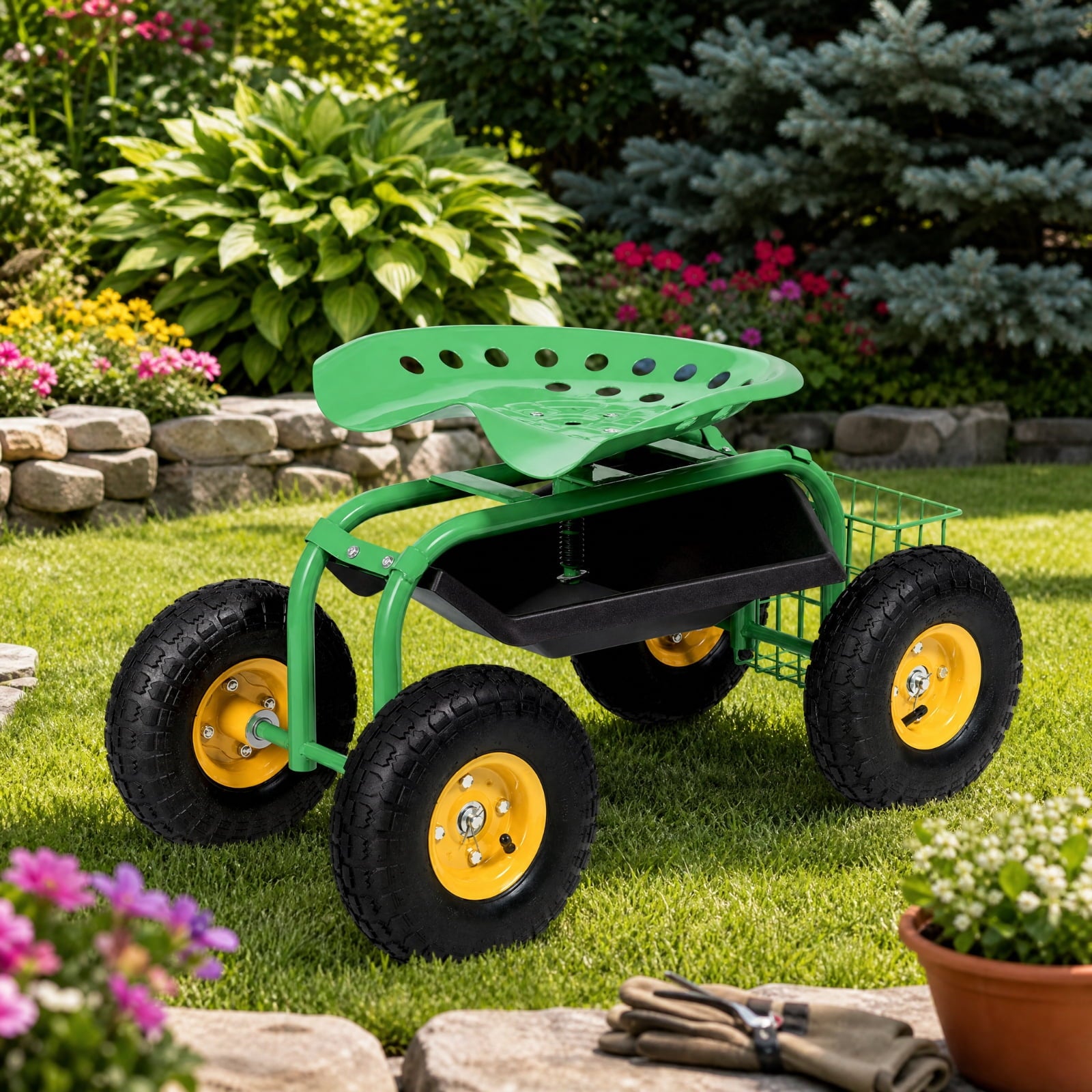 Biotree Rolling Garden Cart with Seat, 360¡ãSwivel Seat Adjustable Height ,330lbs Load Capacity, Wagon Scooter with Storage Bracket and Tool Tray, Suitable for Patio Yard, Green