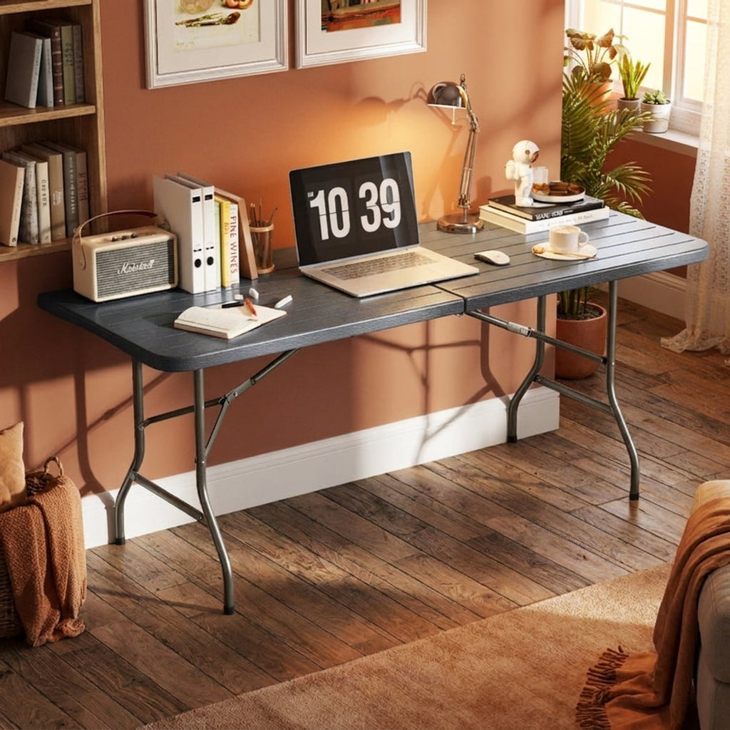 Biotree 6 Feet Folding Table with Wood Grain HDPE Tabletop and Safe Lock Mechanism, Gray