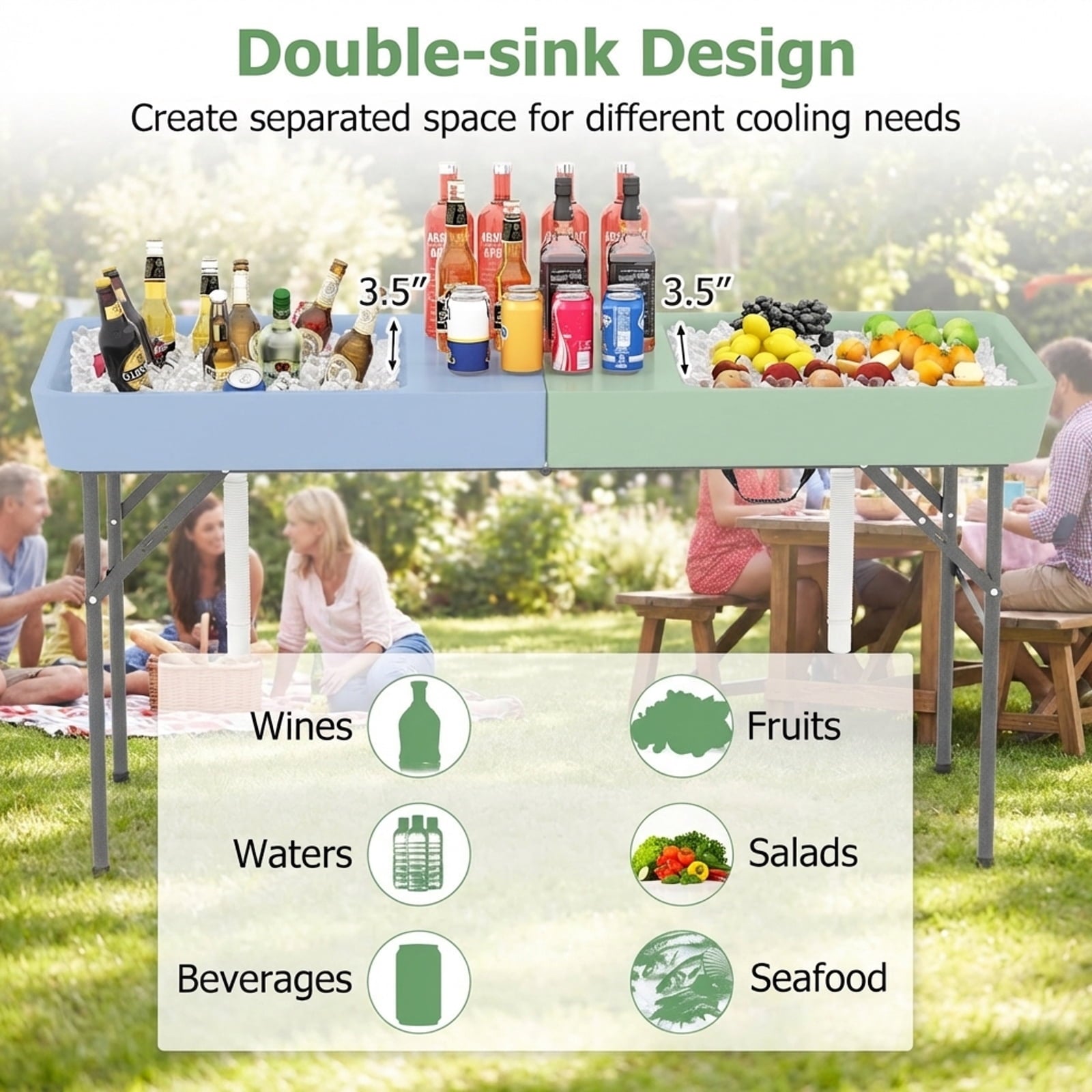 Biotree 5 FT Folding Ice Cooler Table with Double Sinks for Camping Party Picnic Wedding Portable Ice Table, White