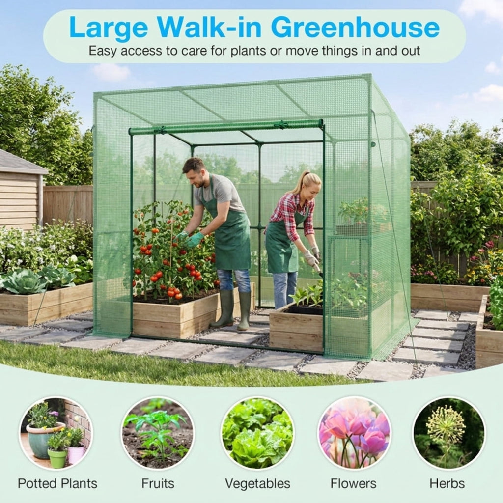 Biotree Outdoor Portable Walk-in Greenhouse with PE Cover Heavy-Duty Metal Frame Roll for Outdoor Garden Backyard Patio Vegetables Flowers, Green