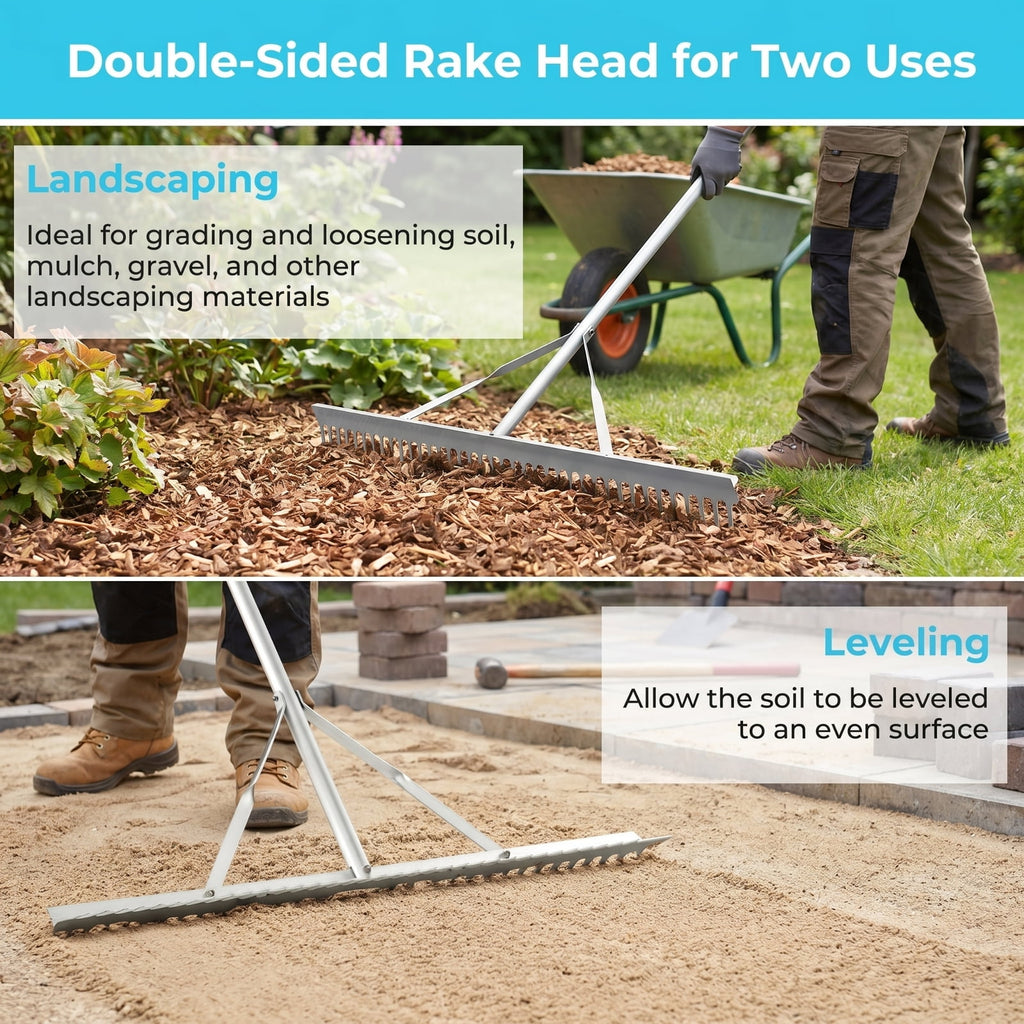 Biotree Aluminum Rake with 36 Inch Wide Rake Head and 68 Inch Long Handle for Lawn Garden Yard Soil Care, Silver