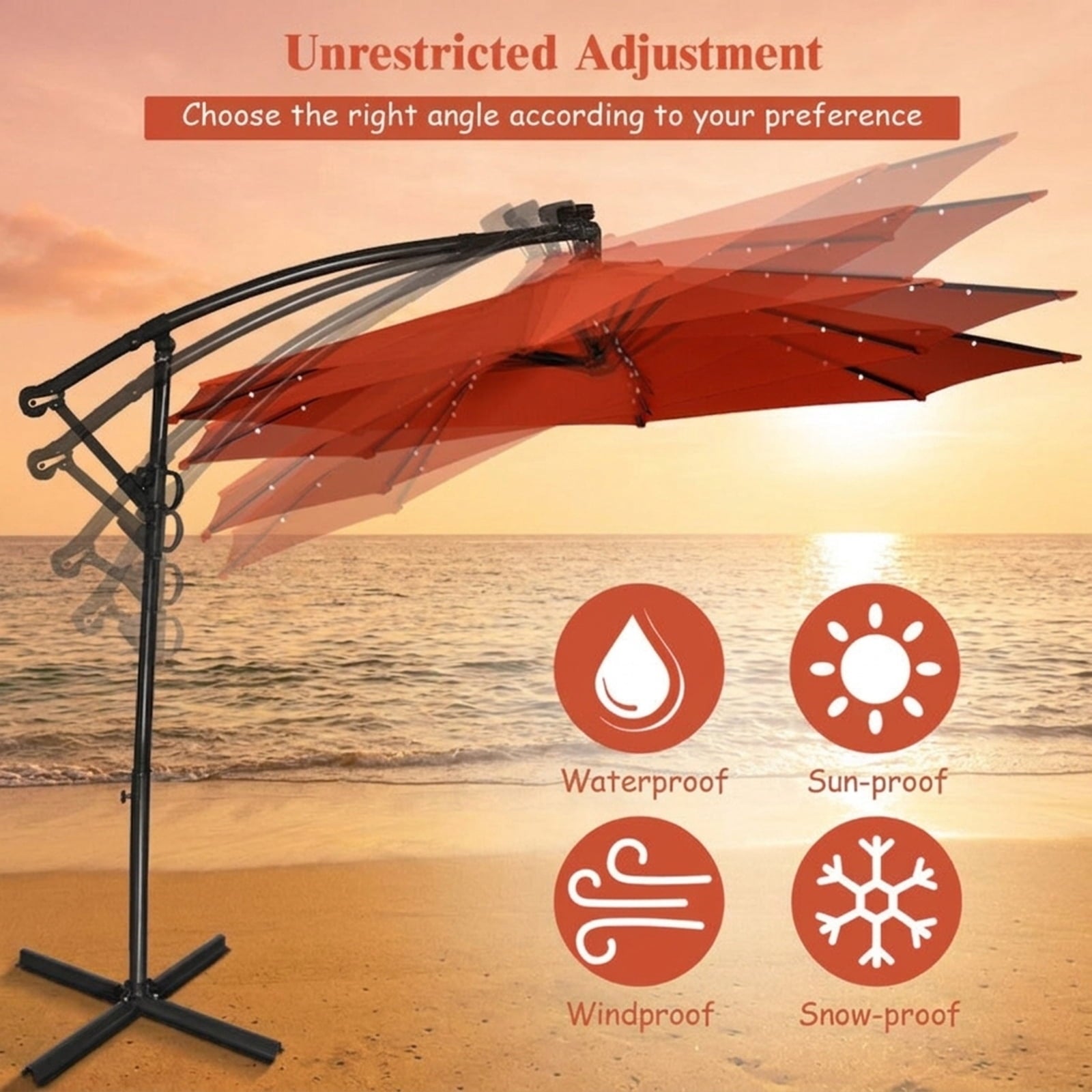 Biotree 10 ft Solar LED Cantilever Patio Umbrella Offset Hanging with Cross Base, 8 Ribs - Orange for Backyard
