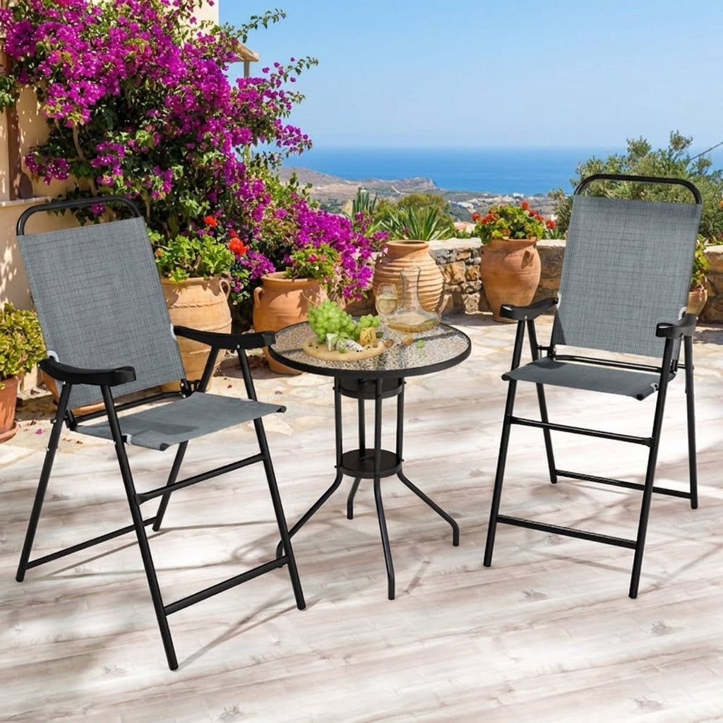 Biotree Set of 2 Patio Folding Bar Stools with Metal Frame and Footrest, Blue - Outdoor Patio Bar Height Chair with Footrest