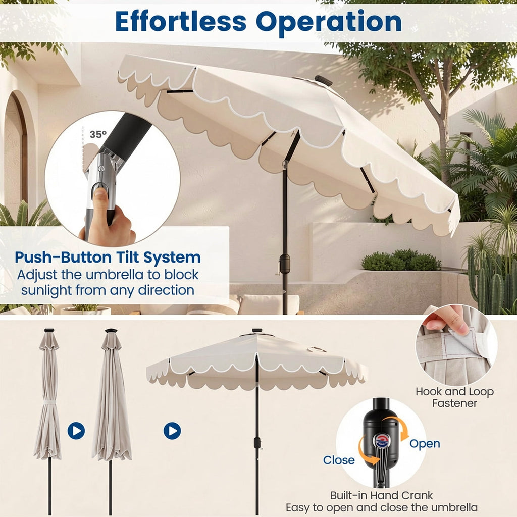 Biotree 9.3 Feet Solar Patio Umbrella with 24 LED Lights Vented Top and Ruffles-Beige Outdoor Backyard