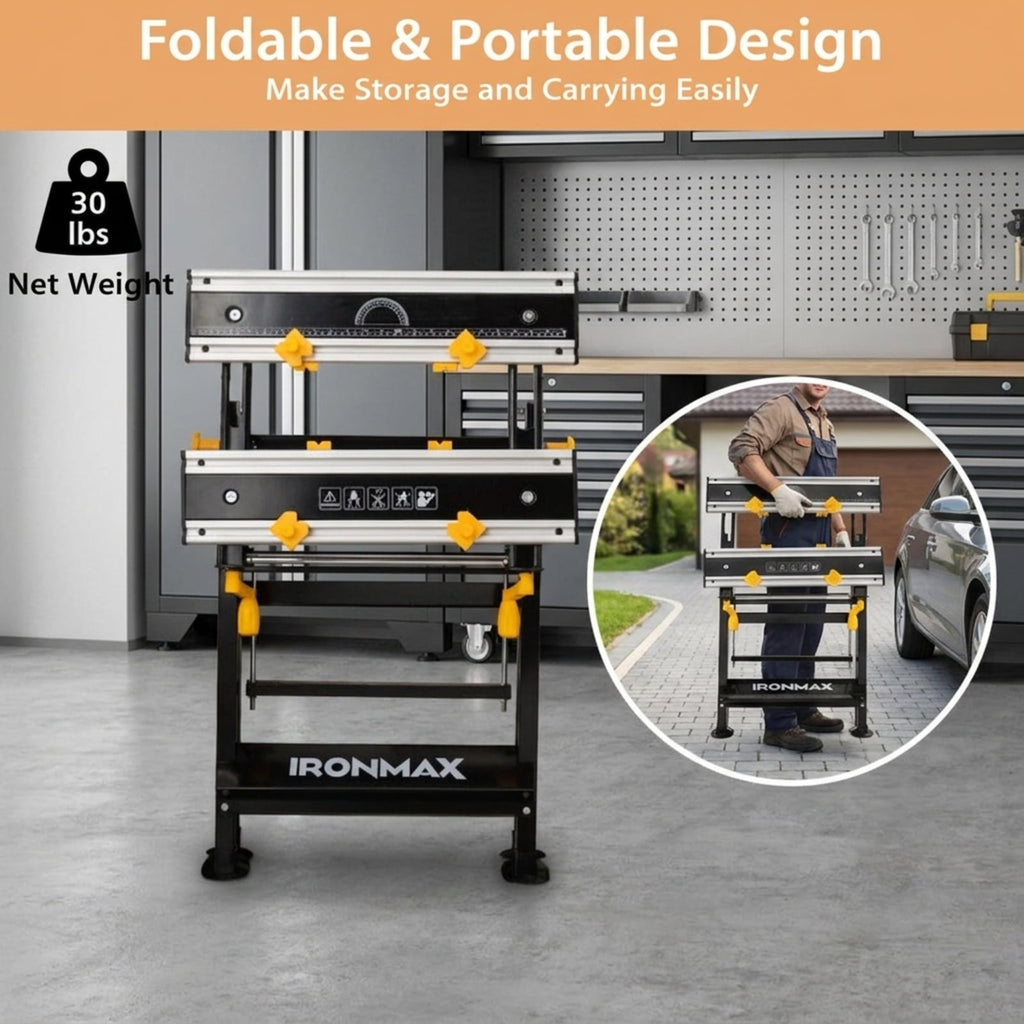Biotree Folding Work Table with Tiltable Platform and 7-level Adjustable Height for Garage Workshop Home DIY Projects, Black