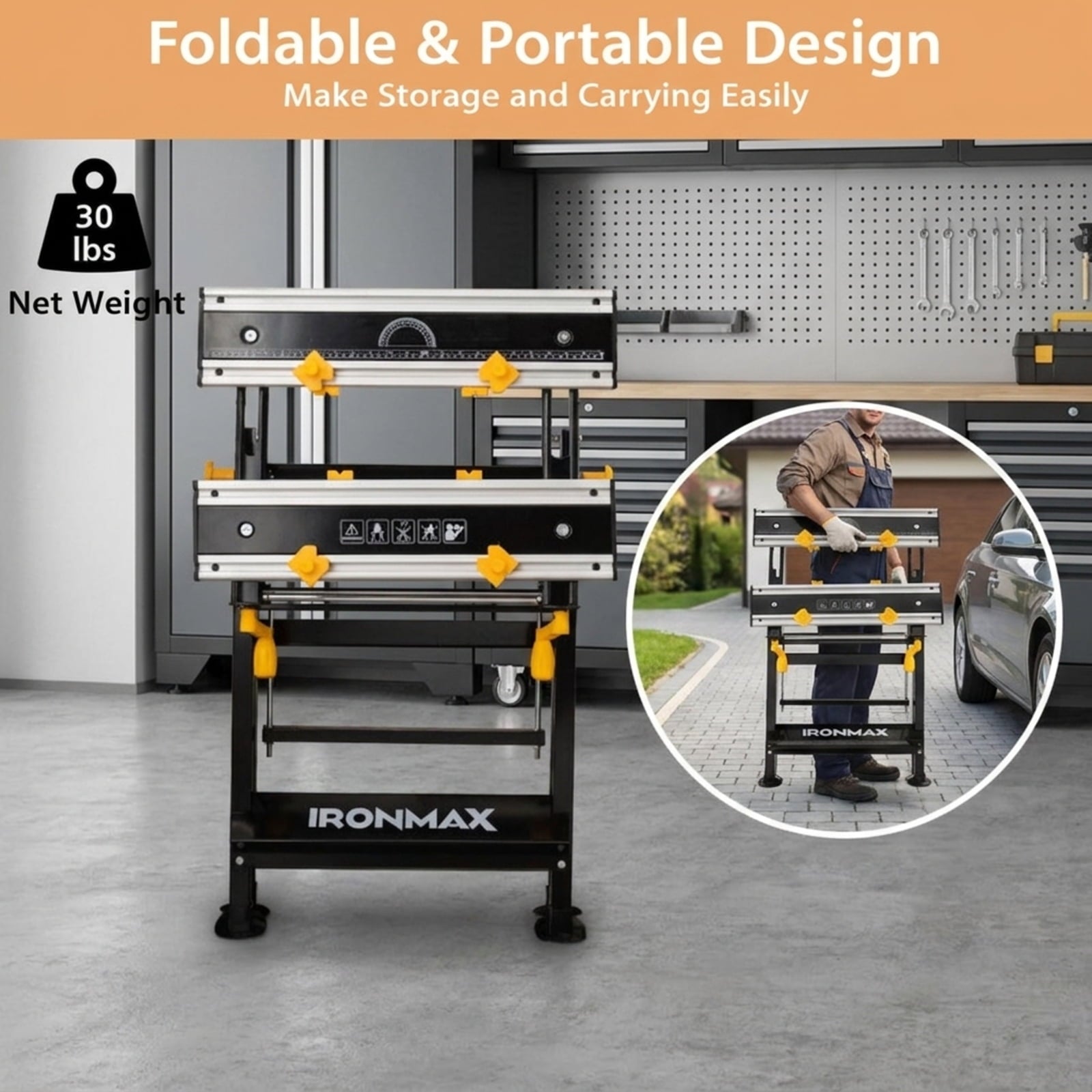 Biotree Folding Work Table with Tiltable Platform and 7-level Adjustable Height for Garage Workshop Home DIY Projects, Black
