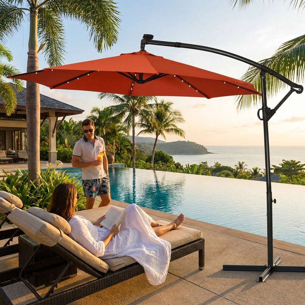 Biotree 10 ft Solar LED Cantilever Patio Umbrella Offset Hanging with Cross Base, 8 Ribs - Orange for Backyard