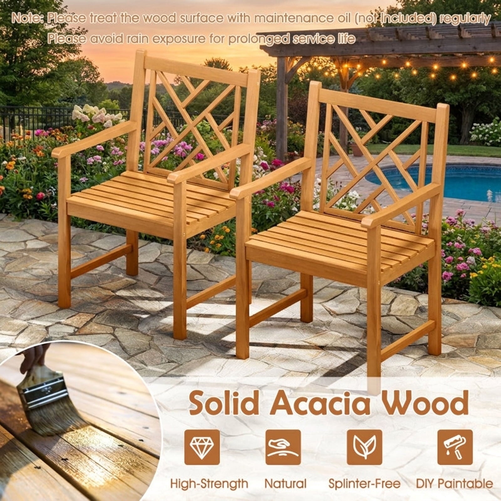 Biotree Set of 2 Outdoor Dining Chairs Acacia Wood with Cross-Pattern Backrest Stackable Patio Chair for Garden BackyardNatural