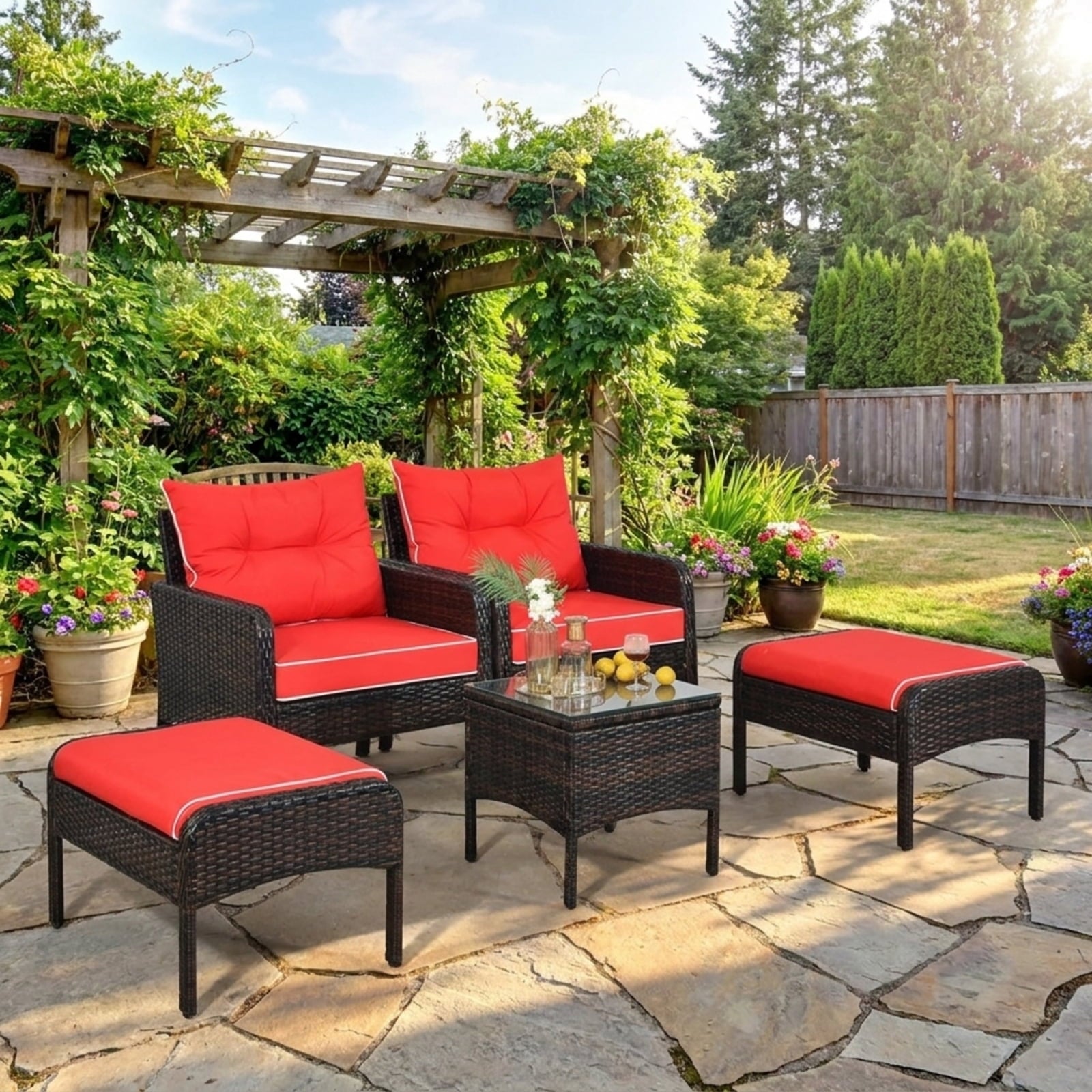 Biotree 5 Pieces Patio Rattan Sofa Ottoman Furniture Set with Cushions Outdoor Conversation Set for Garden Backyard PorchRed