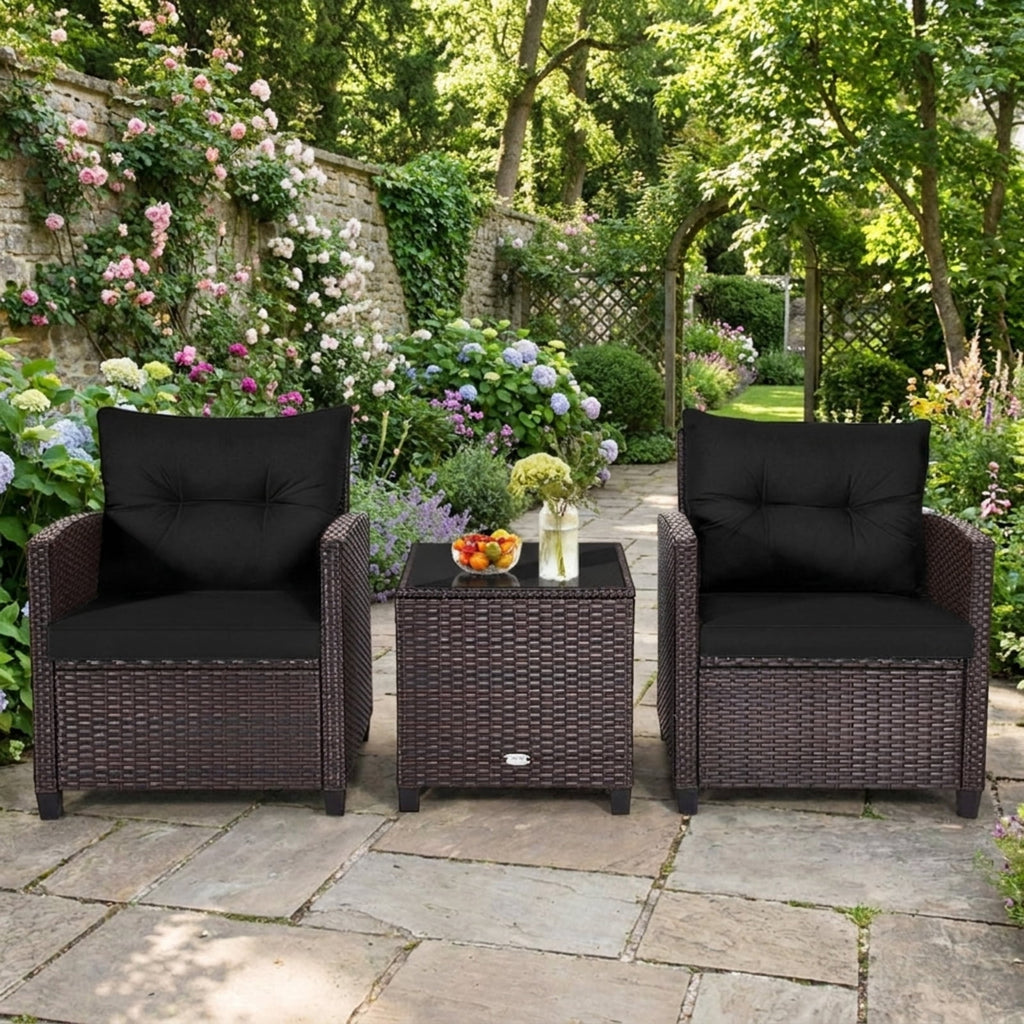 Biotree 3 Pcs Patio Rattan Furniture Set Cushioned Conversation Set Coffee Table Outdoor Conversation Set for Garden Backyard PorchBlack