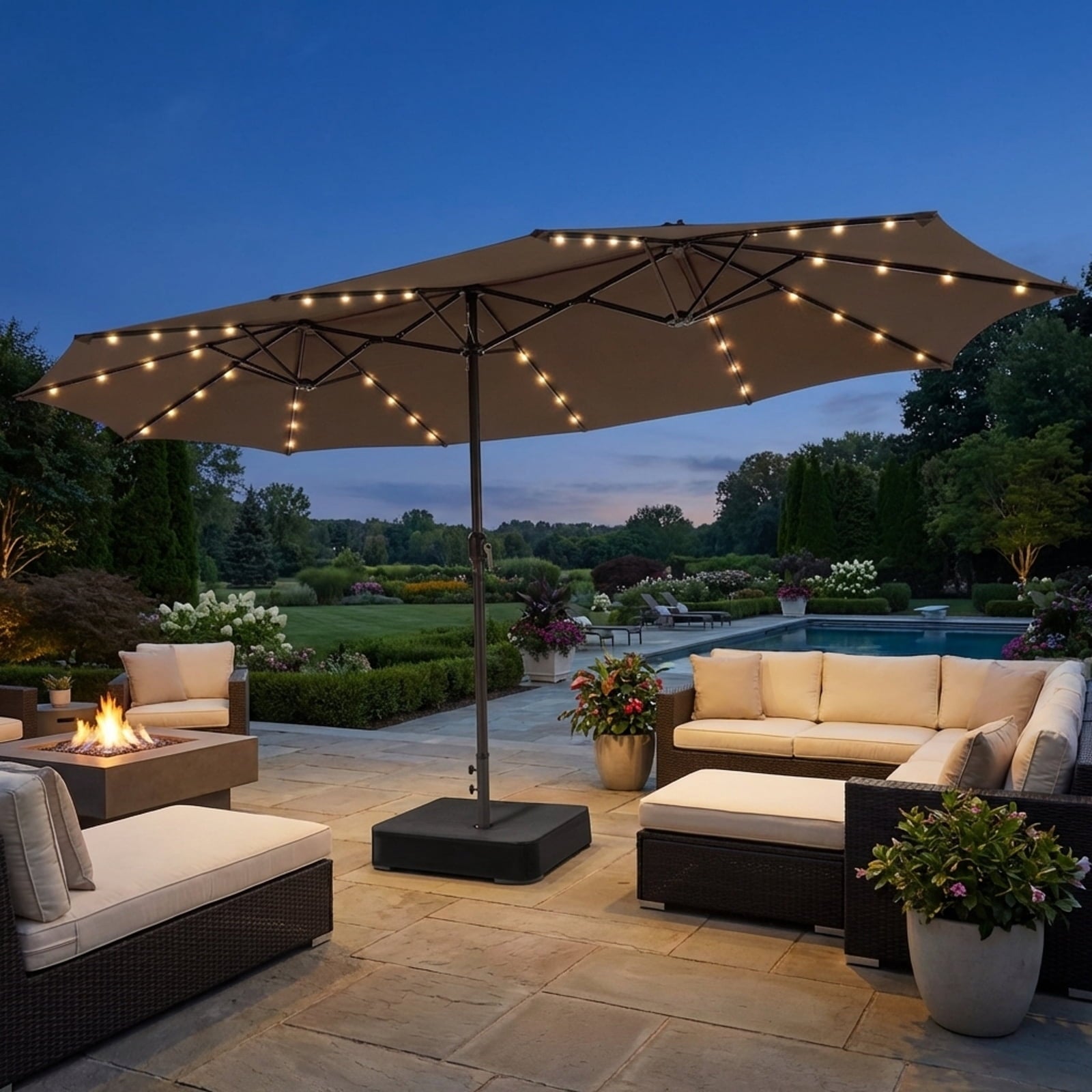 Biotree 15 Feet Double-Sided Patio Umbrella with 48 LED Lights-Brown Outdoor Backyard Deck Garden Pool