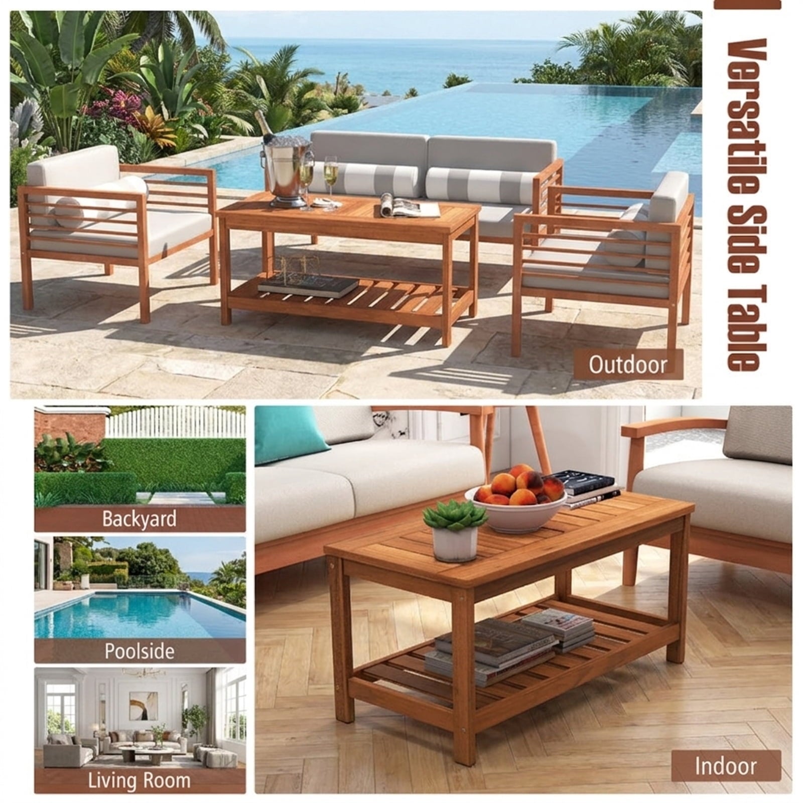 Biotree 2-Tier Patio Coffee Table with Slatted Tabletop and Shelf, Natural
