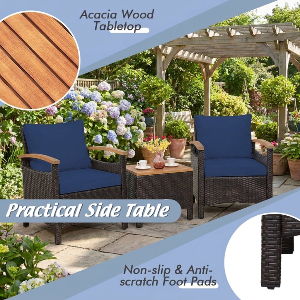 Biotree 3 Pieces Patio Rattan Furniture Set with Removable Cushion Outdoor Conversation Set for Garden Backyard PorchNavy