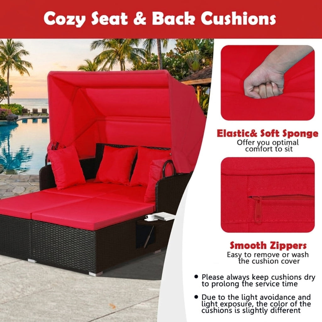 Biotree Patio Rattan Daybed with Retractable Canopy and Side Tables Outdoor Conversation Set for Garden Backyard PorchRed