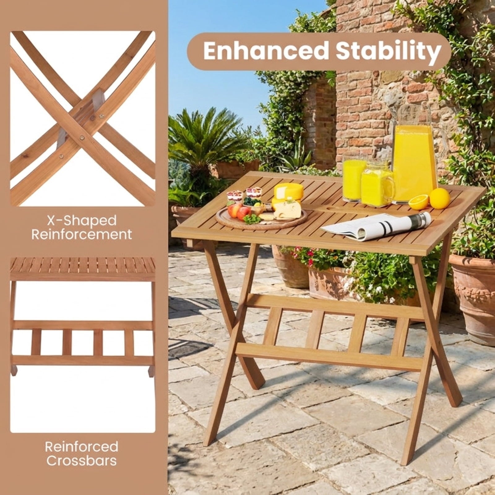 Biotree 36-Inch Acacia Wood Folding Patio Dining Table with Umbrella Hole for 4 People, Natural