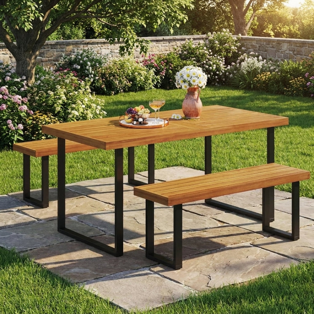 Biotree 3 Pieces Patio Dining Table Set 63¡± Rectangle Table and 2 Backless Bench Outdoor Conversation Set for Garden Backyard PorchNatural+Black