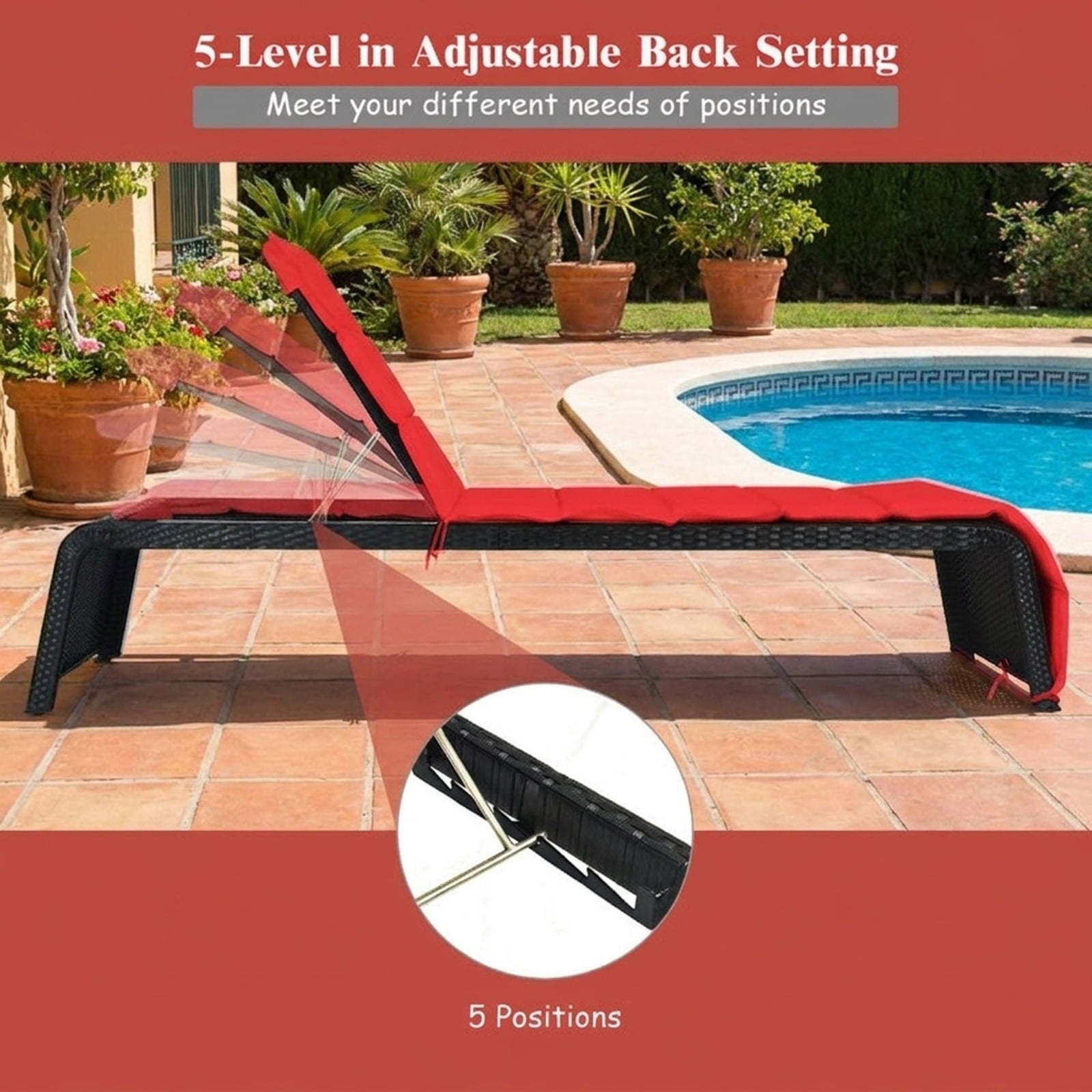 Biotree Patio Rattan Lounge Chair Back Adjustable Chaise Recliner with Cushioned Stackable Patio Chair for Garden BackyardRed