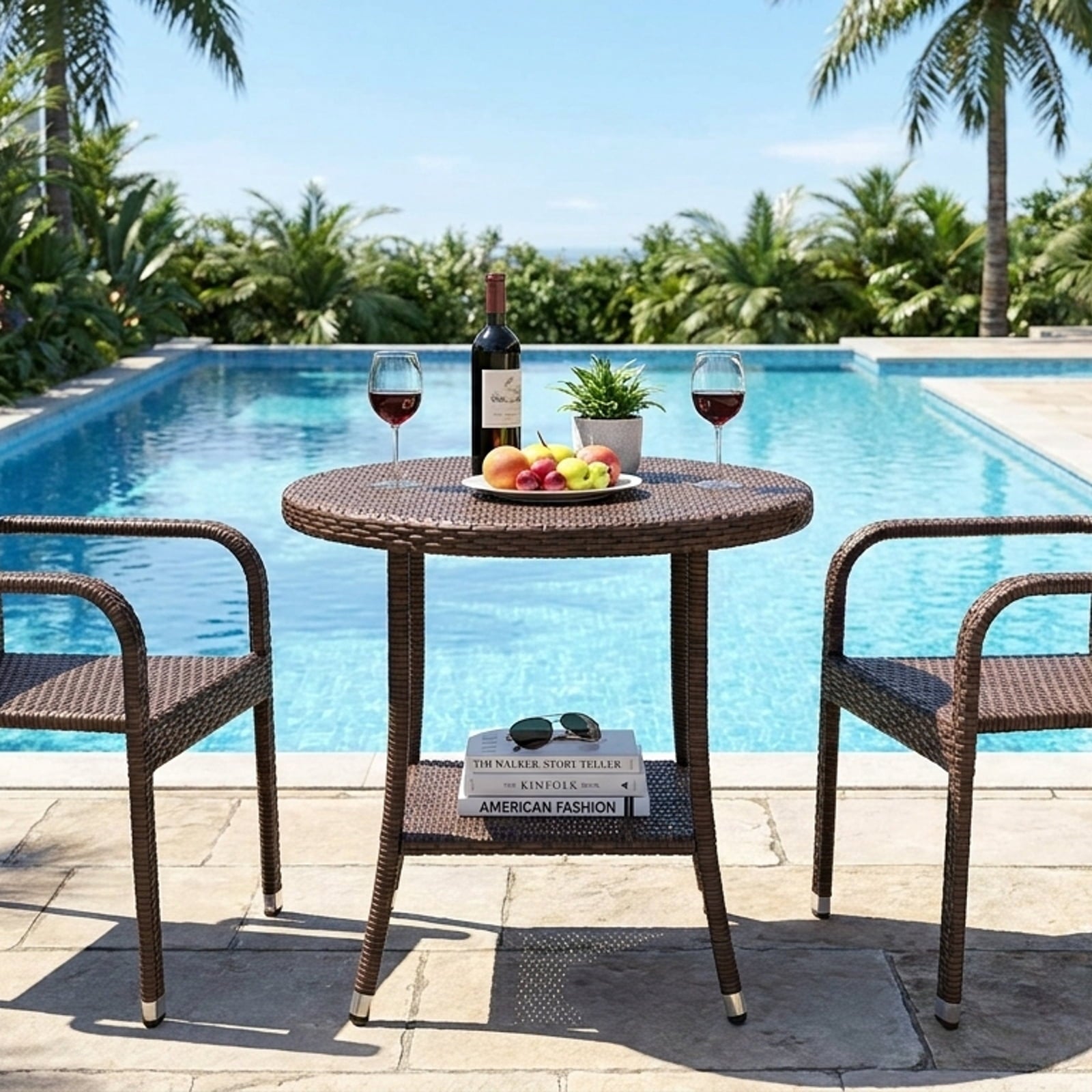 Biotree 25.5-Inch PE Wicker Patio Bistro Table Round with Tempered Glass Top and Shelf, Black